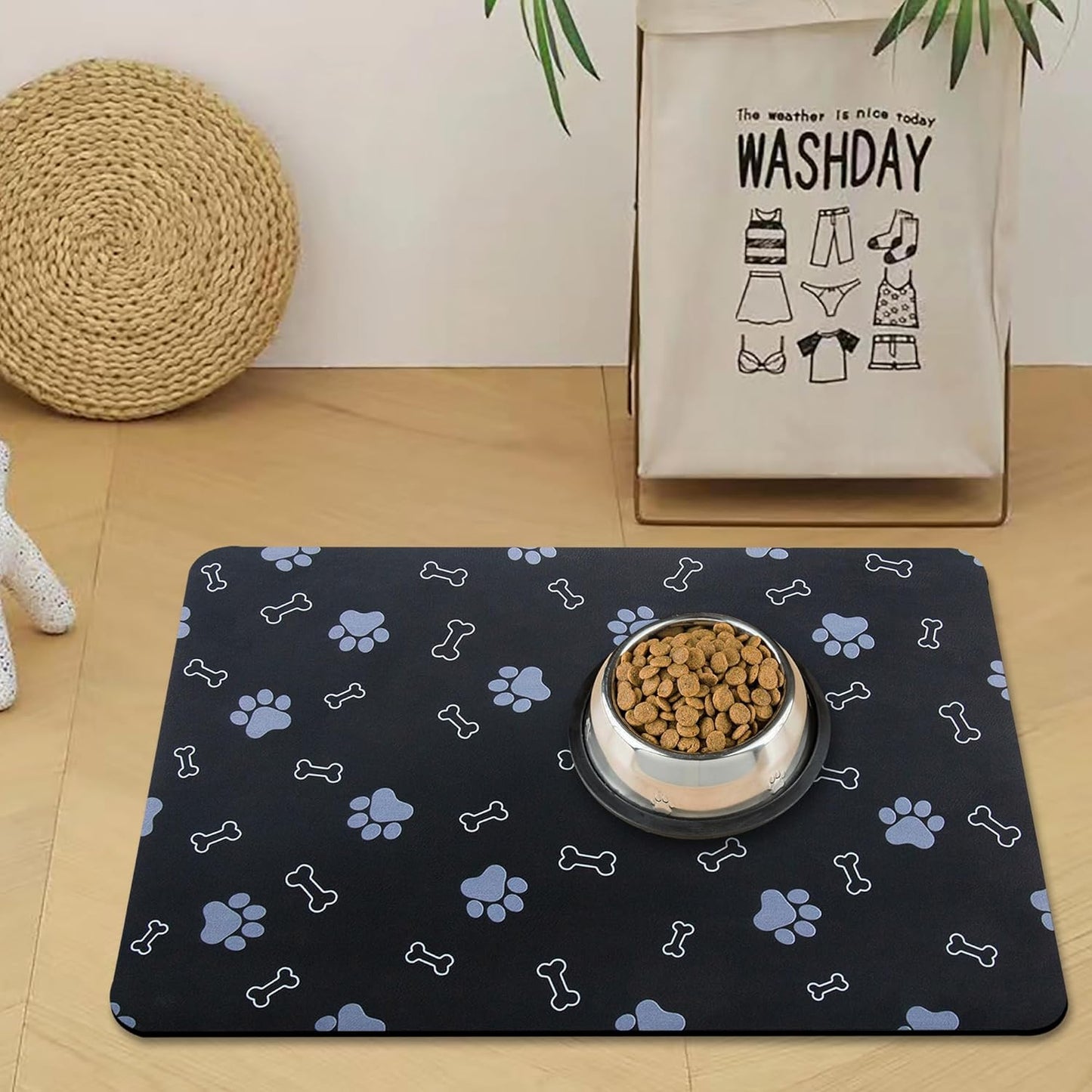 Pet Cat Dog Food Mat Non Slip Mat for Dog Water Bowl Mat Quick Dry Absorbent Cat Feeding Mat, 24 * 16.9 in, Black