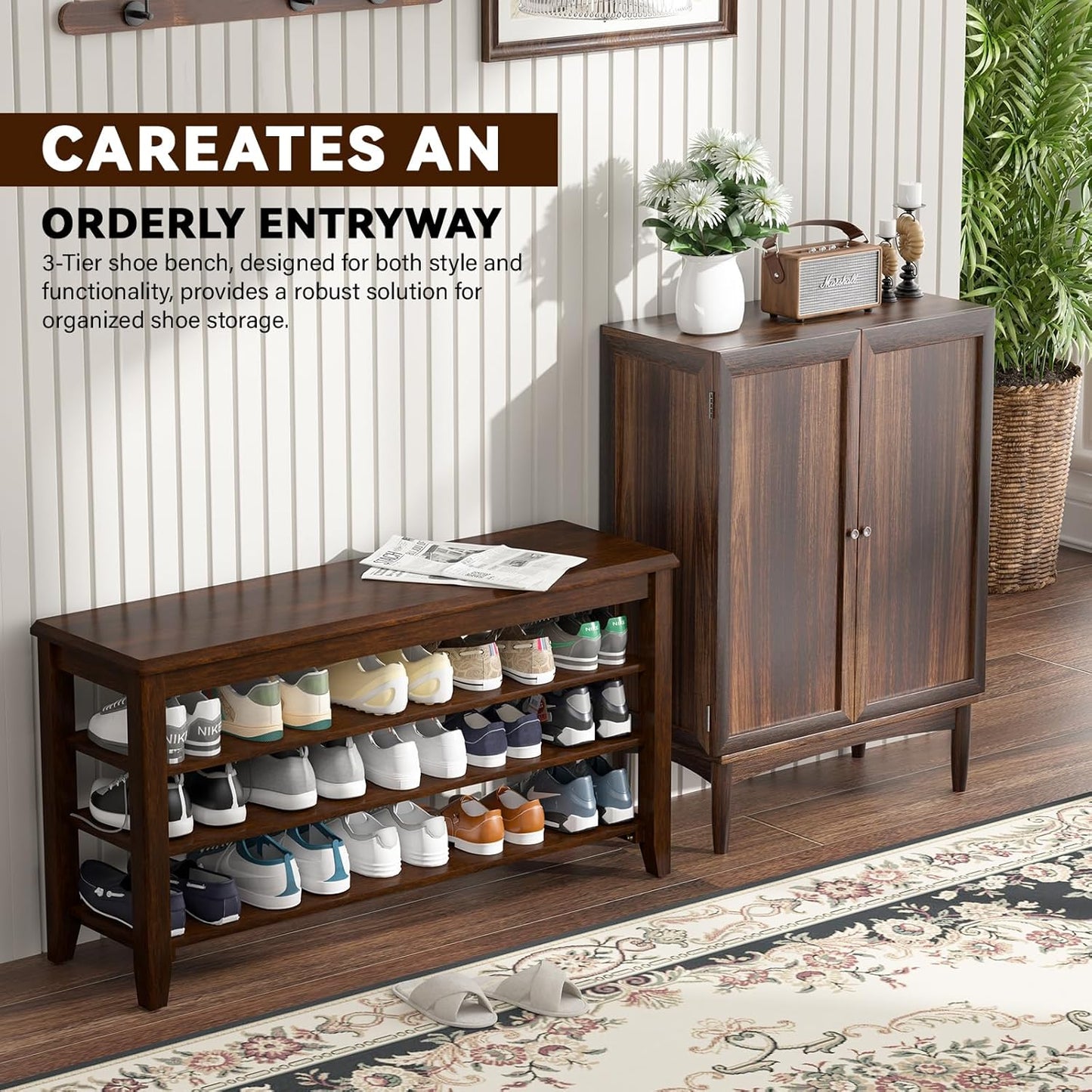 Shoe Bench Storage Rubberwood, Entryway Bench with 3-Tiers Height Adjustable, Shoe Rack Front Door Entrance Organizer for Hallway Living Room, Mudrooms, Walnut,39.4"