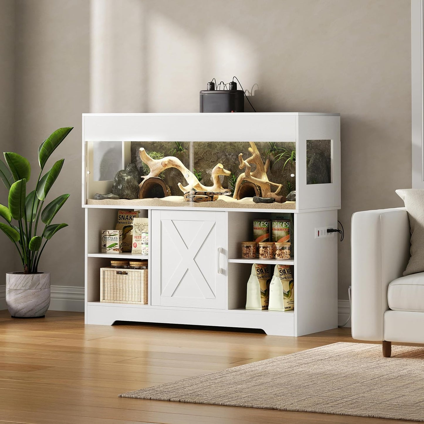 60 Gallon Reptile Tank with Stand, Terrarium Tank with Storage Cabinet, for Lizards, Skinks, Snakes, Sliding Acrylic Doors, Mesh Top, Built-in Power Outlet White PX02RTW