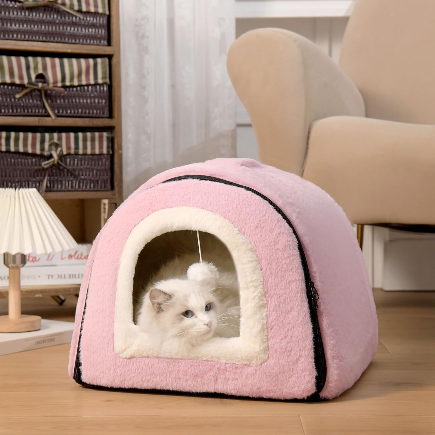Cat Bed for Indoor Cats，Foldable cat cave，Anti-Slip & Water-Resistant Bottom，cat Houses for Indoor Cats or Small Dogs, Kitten Tent, Rabbit Bed，2 in 1 pet Bed (Pink)