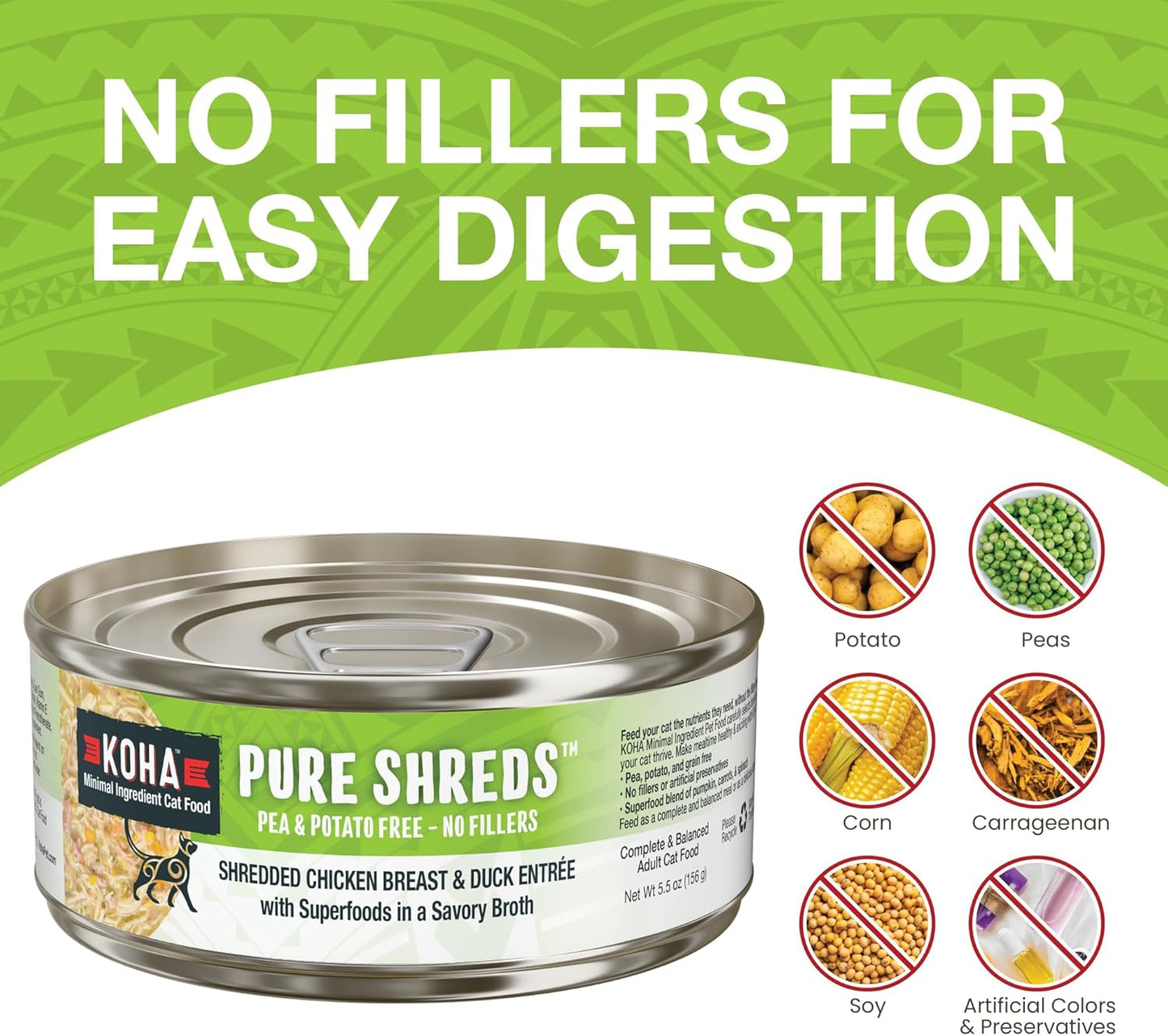 KOHA Pure Shreds Chicken and Duck Entrée for Cats, High Protein Wet Cat Food 2.8oz Cans (Pack of 24)