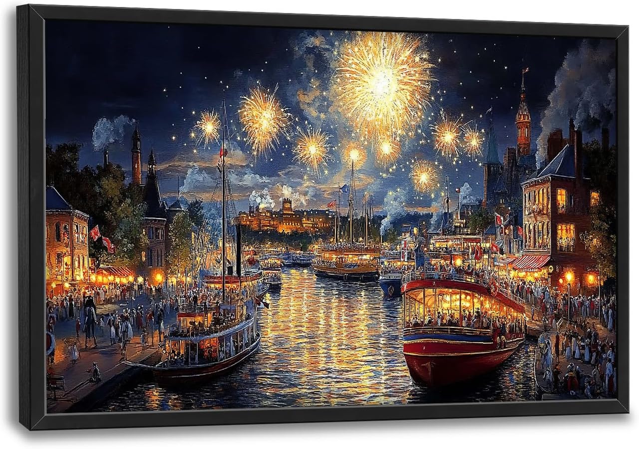 Framed Large Firework Night Sky Wall Art, Oversized European City Landscape Wall Decor for Living Room, River Boats Canvas Pictures Home Decoration for Living Room Bedroom Office 36"x24"