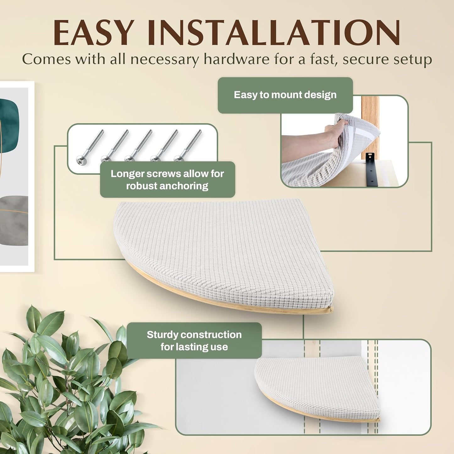 Large 9.84” CALLICO HAVEN- Corner Cat Wall Shelves, Modern Wall-Mounted Cat Furniture, Corner Wall Hammock for Cats, Space-Saving Wall Cat Tree Bed, Sturdy/Hidden Mounts, Washable Cover- Fan Shape