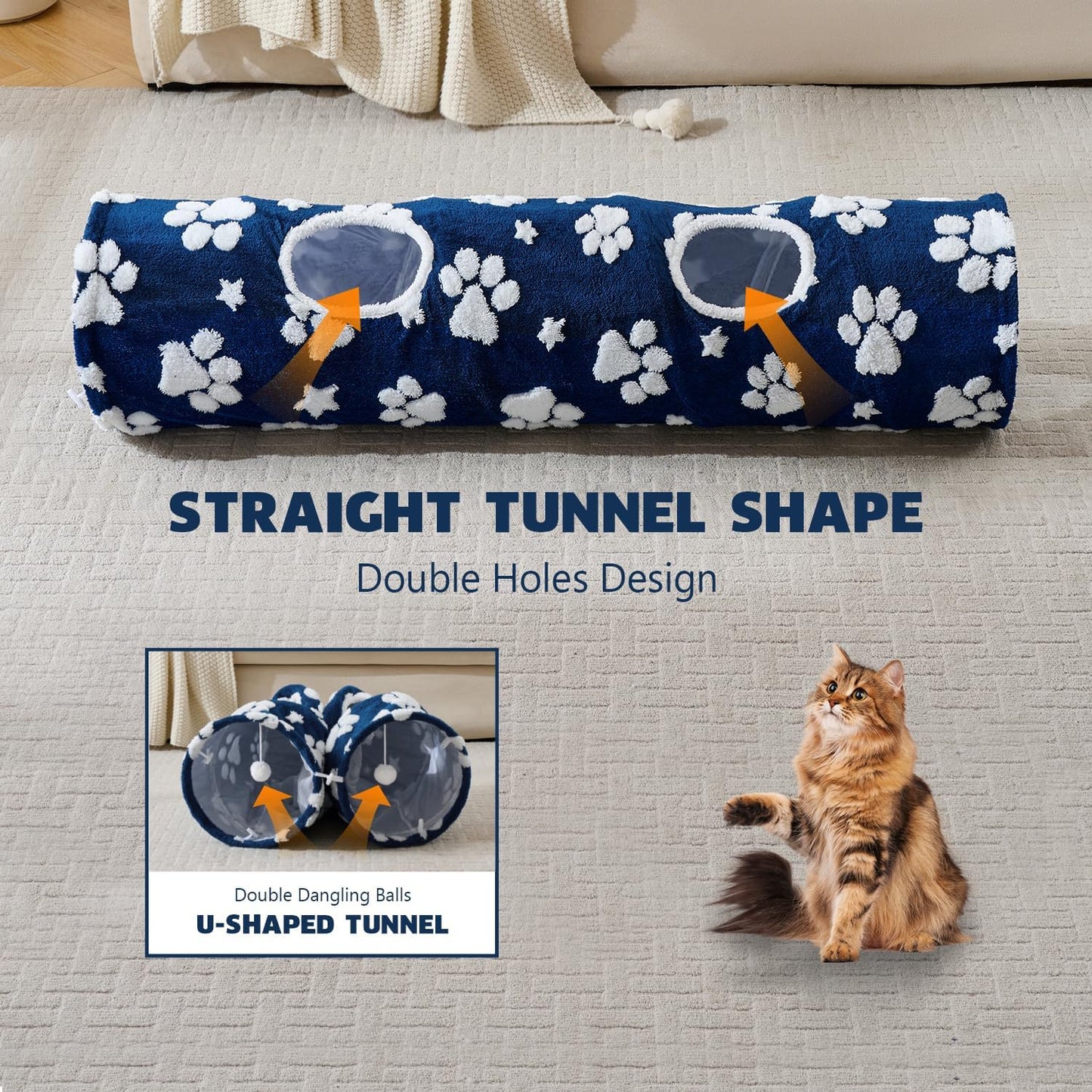 Straight Cat Tunnel for Indoor Cats 47"x12", Cute Cat Toys Collapsible Tunnel Tube with Balls for Puppy Kitten Rabbit, Blue Paw