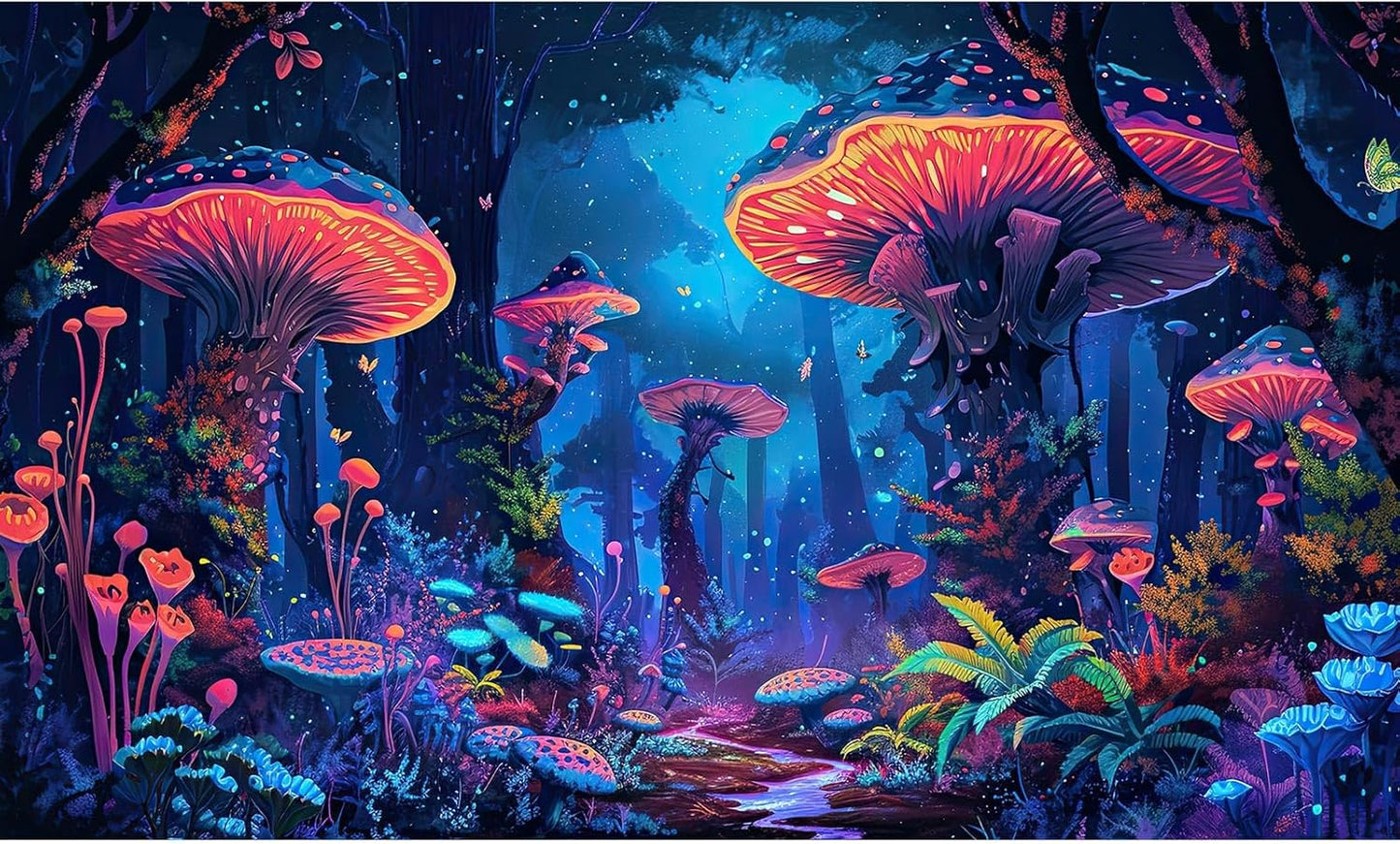 Mushrooms Aquarium Background Fantasy Bright Flowers Butterflies Fish Tank Backdrop Decoration Poster Trippy Wonderland Landscape with Giant Mystical Mushrooms Terrarium Background Decor 60x24in