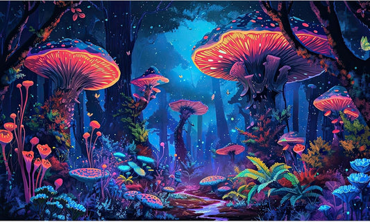 Mushrooms Aquarium Background Fantasy Bright Flowers Butterflies Fish Tank Backdrop Decoration Poster Trippy Wonderland Landscape with Giant Mystical Mushrooms Terrarium Background Decor 48x24in