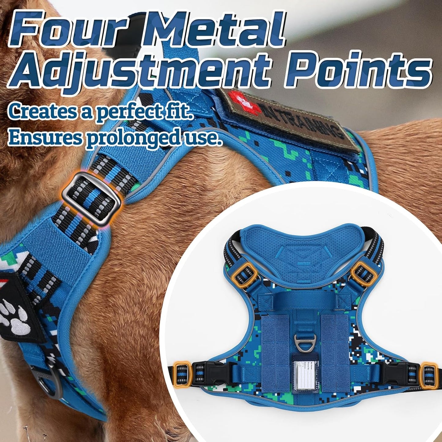 rabbitgoo Tactical Dog Harness for Large Dogs, No Pull Military Service Vest with Handle & Molle, Easy Control for Training Walking, Adjustable Reflective Straps, Blue Camo, XL