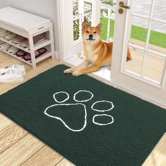 OLANLY Door Mat for Muddy Dog Paws 48x30, Absorbent Chenille Mud Doormat with Paw Print Design, Non-Slip Washable Doormat for Indoor Entryway, Quick-Dry Pet Bed Mats for Dirty Dogs, Blackish Green