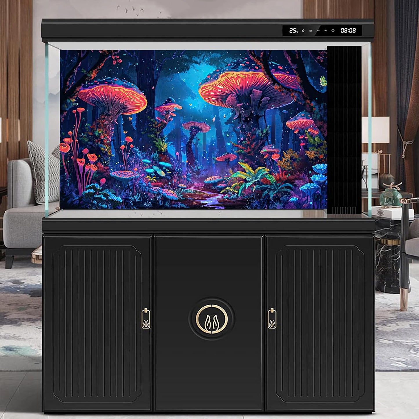 Mushrooms Aquarium Background Fantasy Bright Flowers Butterflies Fish Tank Backdrop Decoration Poster Trippy Wonderland Landscape with Giant Mystical Mushrooms Terrarium Background Decor 36x20in