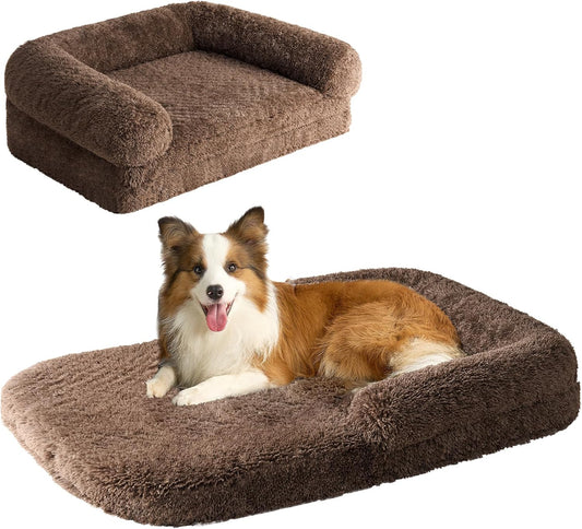 EHEYCIGA Foldable XXL Dog Bed, Faux Fur Fluffy Pet Couch Bed for Extra Large Dogs, Orthopedic Calming Memory Foam Big Pet Bed, Washable Soft Pet Sofa Bed with Non-Slip Bottom, Brown, 54"x38"x7.5"