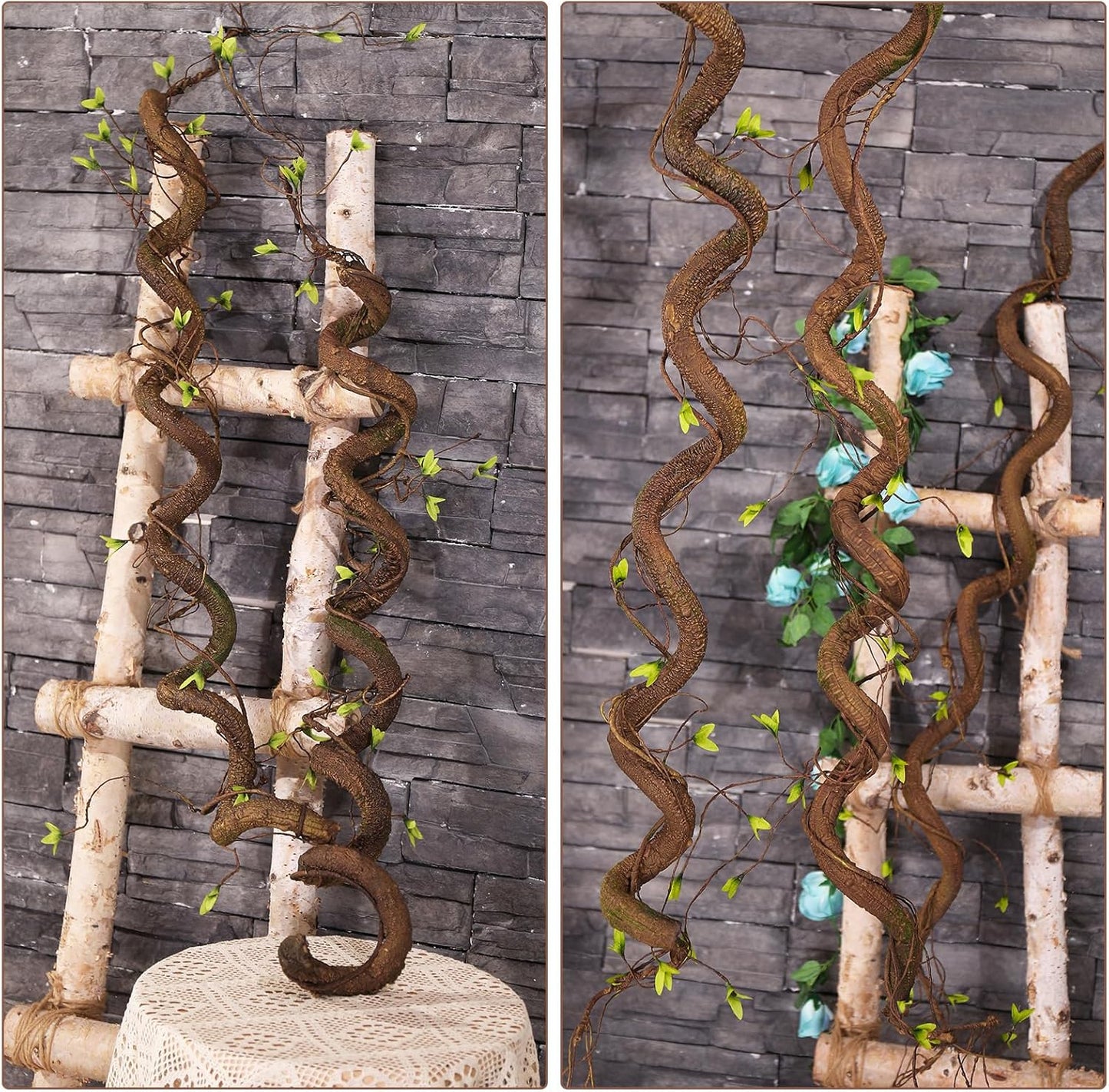 63in Bendable Thick Artificial Tree Branches Faux Wood Tree Trunk Twigs Grapevines Moss Plants Garland With Green Leaves For Wall Hanging Reptile Climbing Halloween Outdoor Arch Home Garden Decoration