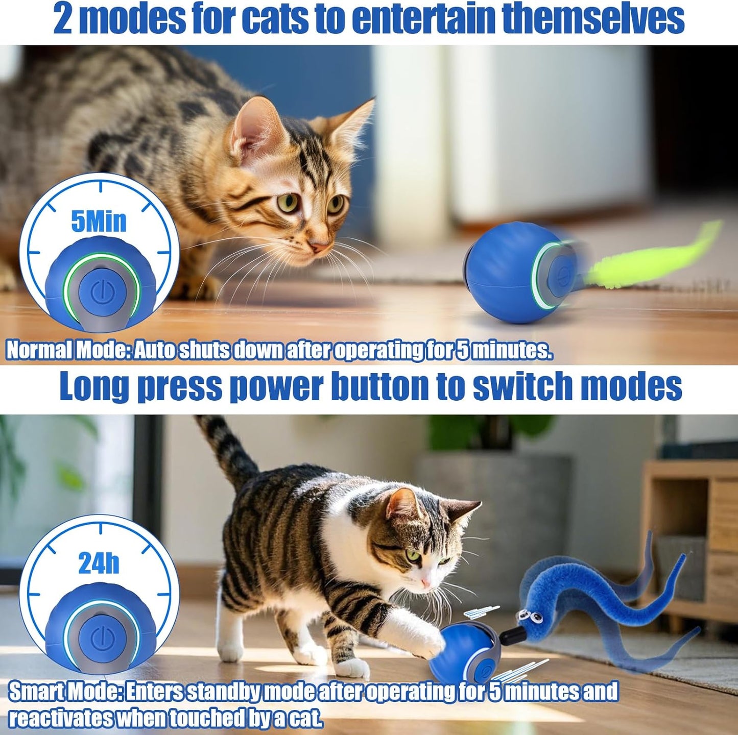 AIERSA 2Pcs Interactive Automatic Cat Toys for Bored Indoor Adult Cats,Self Play Speed Tail Toy with 3 Tails and 4 Springs