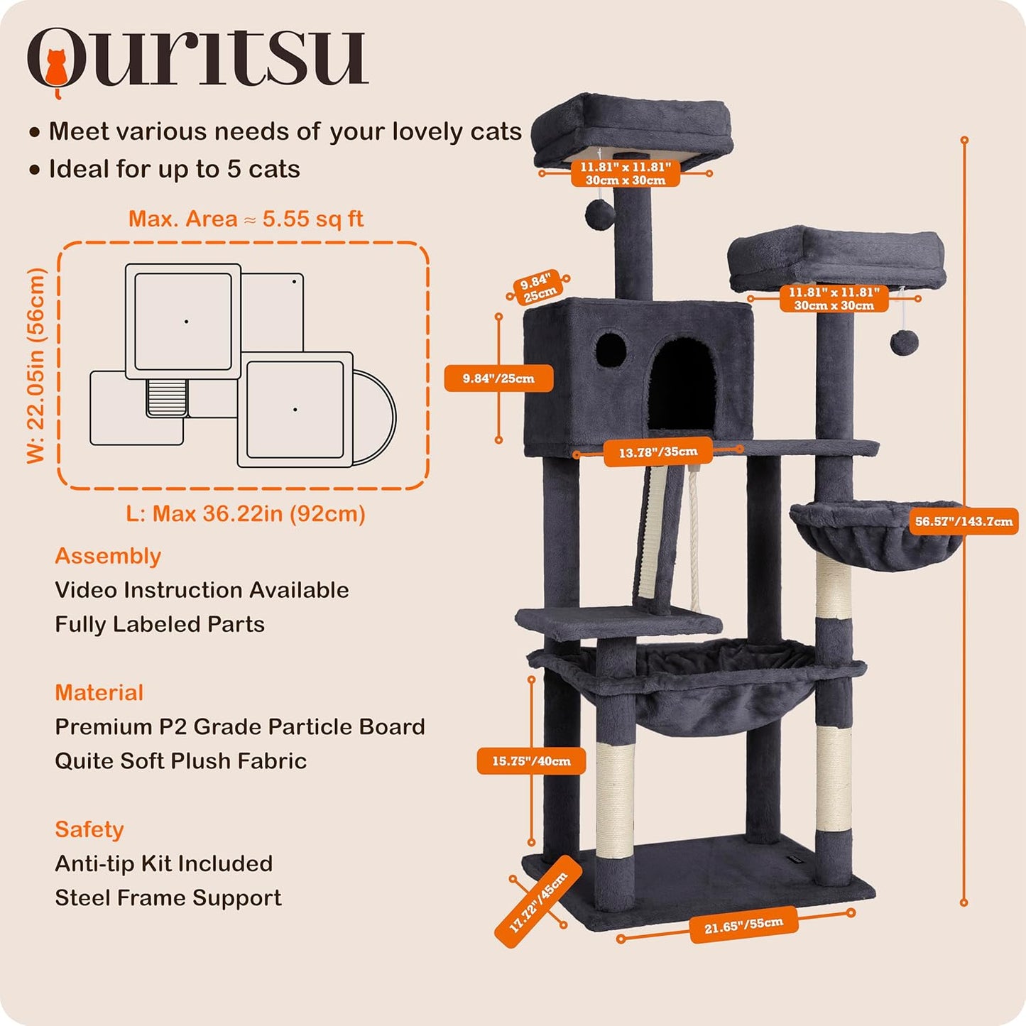 Ouritsu Cat Tree, 56 inch Tall Cat Tower for Large Cat Indoor, Large Condo, 2 Padded Perches, Steel-Framed Hammock, Scratching Post and ramp, Fluffy Basket, Dark Gray, LF001DG