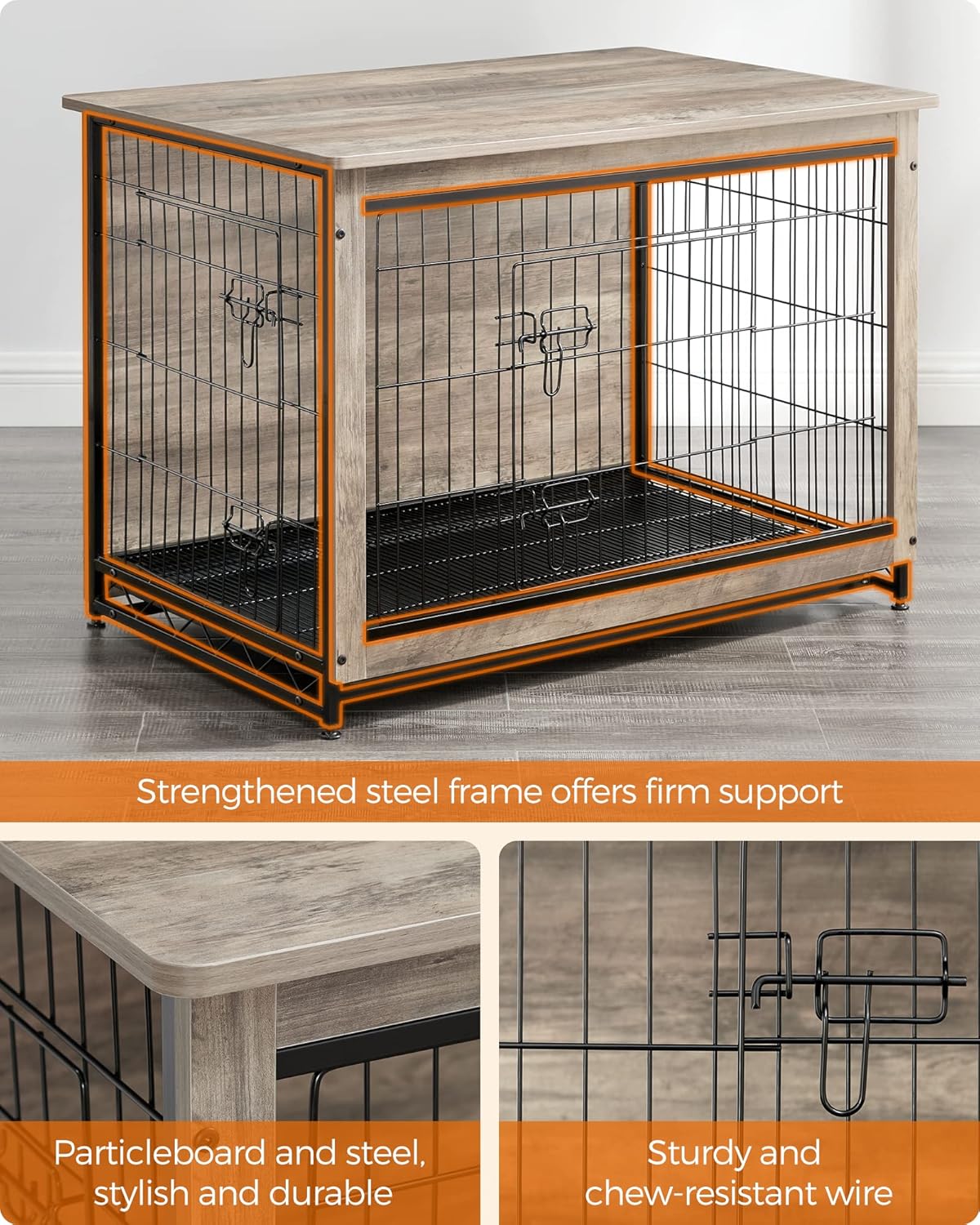 Feandrea Dog Crate Furniture, 38.6" Side End Table, Modern Kennel for Dogs Indoor up to 70 lb, Heavy-Duty Dog Cage with Multi-Purpose Removable Tray, Double-Door Dog House, Greige UPFC003G01