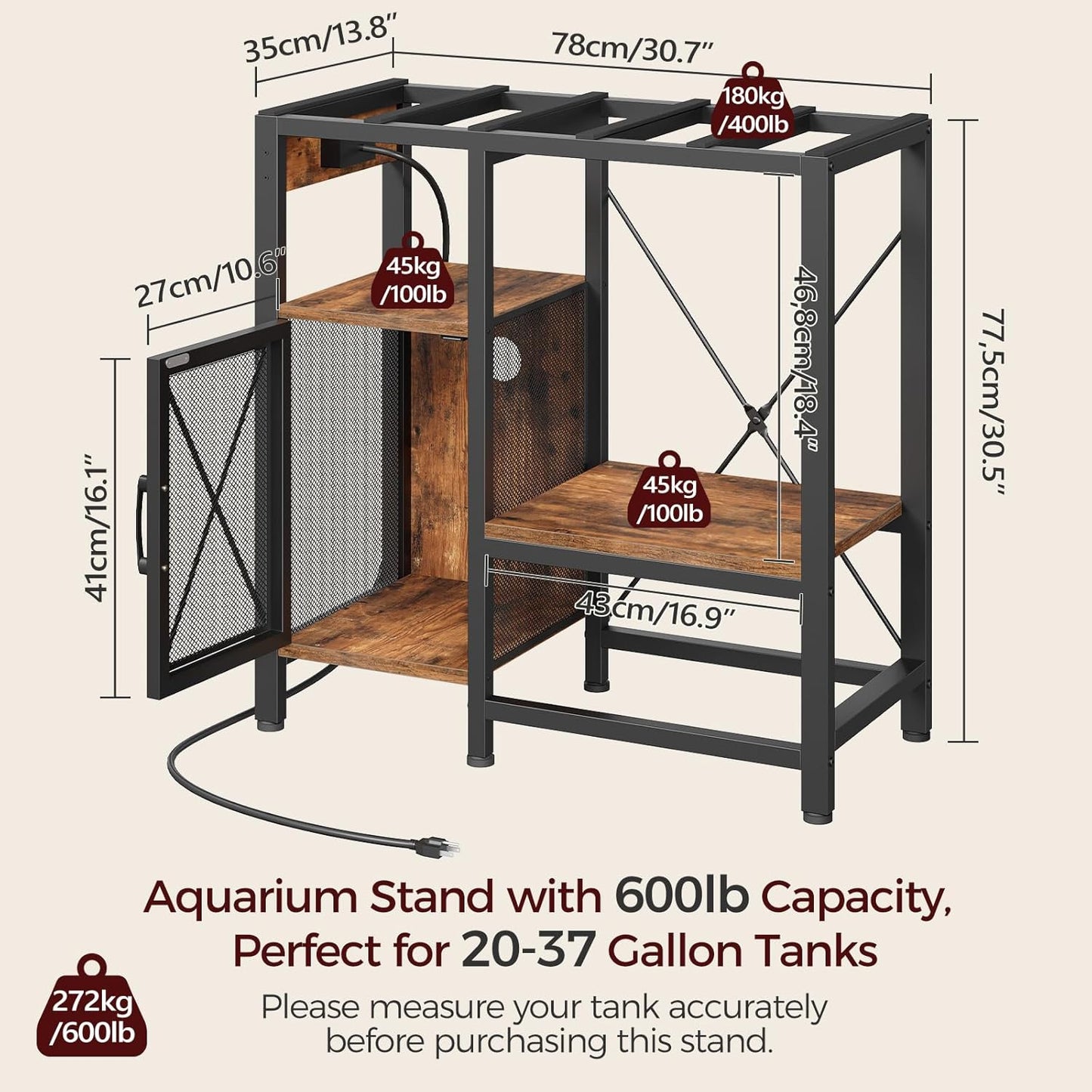 20-37 Gallon Fish Tank Stand, Aquarium Stand with Power Outlet and Storage Cabinet, Heavy Duty Tank Stand Suitable for Turtle Tank, Reptile Terrarium, for Home Office, Rustic Brown FTHR40E01