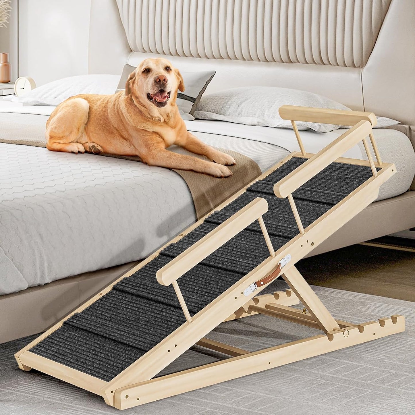 Dog Ramp for Couch, Bed or Car, Wooden 55" Long Pet Stairs for Small & Large Old Dogs & Cats, Hold up to 250lb, 6 Adjustable Height from 19.68" to 27.55" Portable Doggie Steps, Excellent Traction