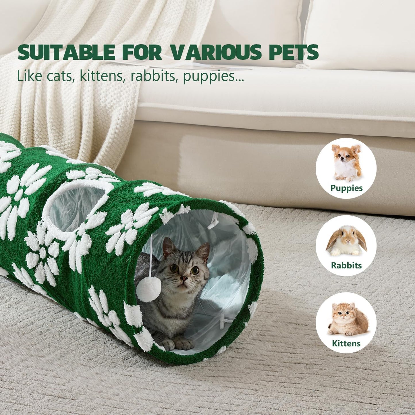 Straight Cat Tunnel for Indoor Cats 47"x12", Cute Cat Toys Collapsible Tunnel Tube with Balls for Puppy Kitten Rabbit, Green Flower