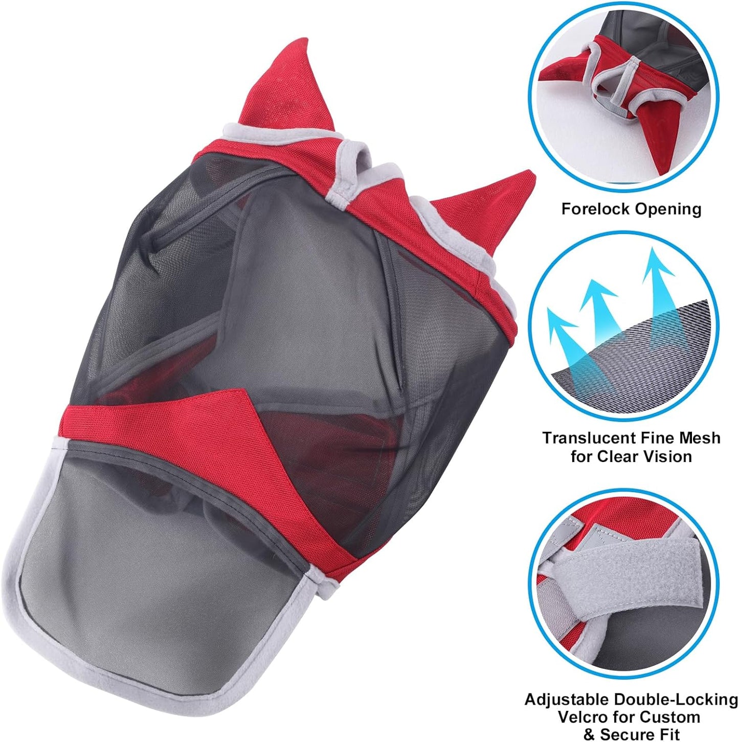 Horse Fly Mask with Ears & Long Nose Cover | Forelock Opening for Tangle-Free Mane Care | UV Protection & Breathable Mesh | No Rub Fit and Enhanced Visbility for Trail Riding Red Pony
