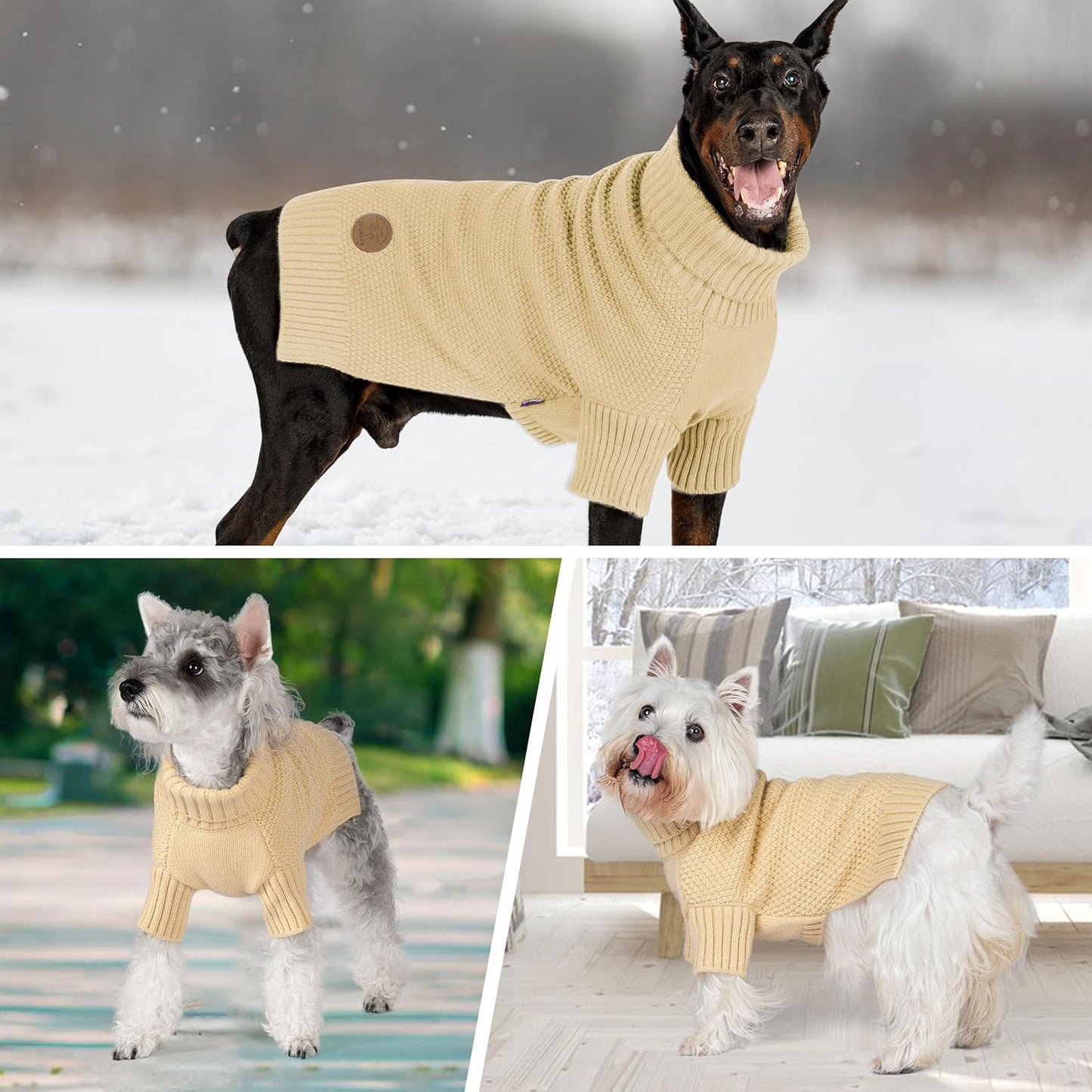 cyeollo Dog Sweater Turtleneck Knitted Sweaters with Leash Hole Winter Dog Clothes Sweaters for Small Dogs Beige