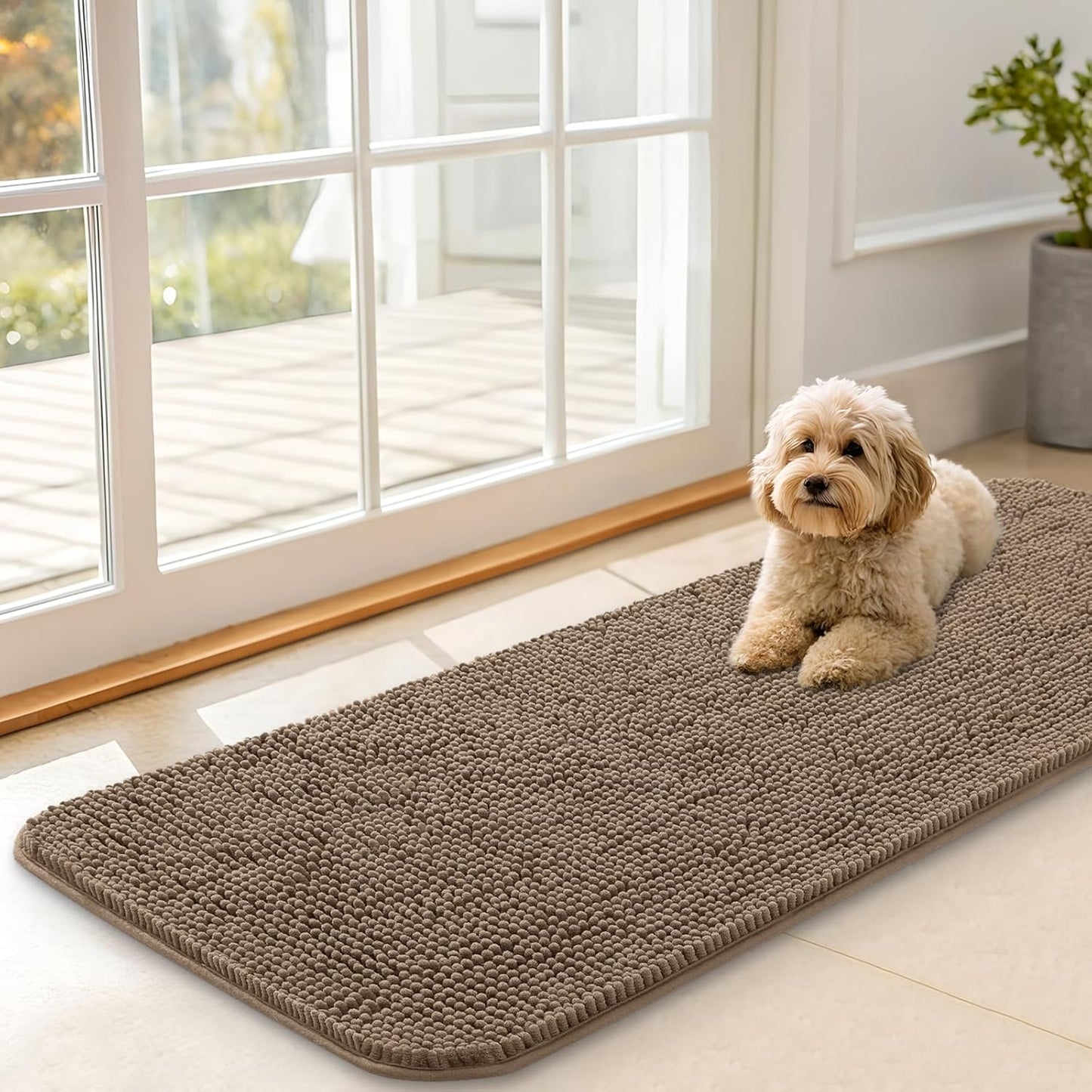 OLANLY Dog Door Mat for Muddy Paws 47x17, Absorbs Moisture and Dirt, Absorbent Non-Slip Washable Doormat, Quick Dry Chenille Mud Mat for Dogs, Entry Indoor Entryway Carpet for Inside Floor, Tan