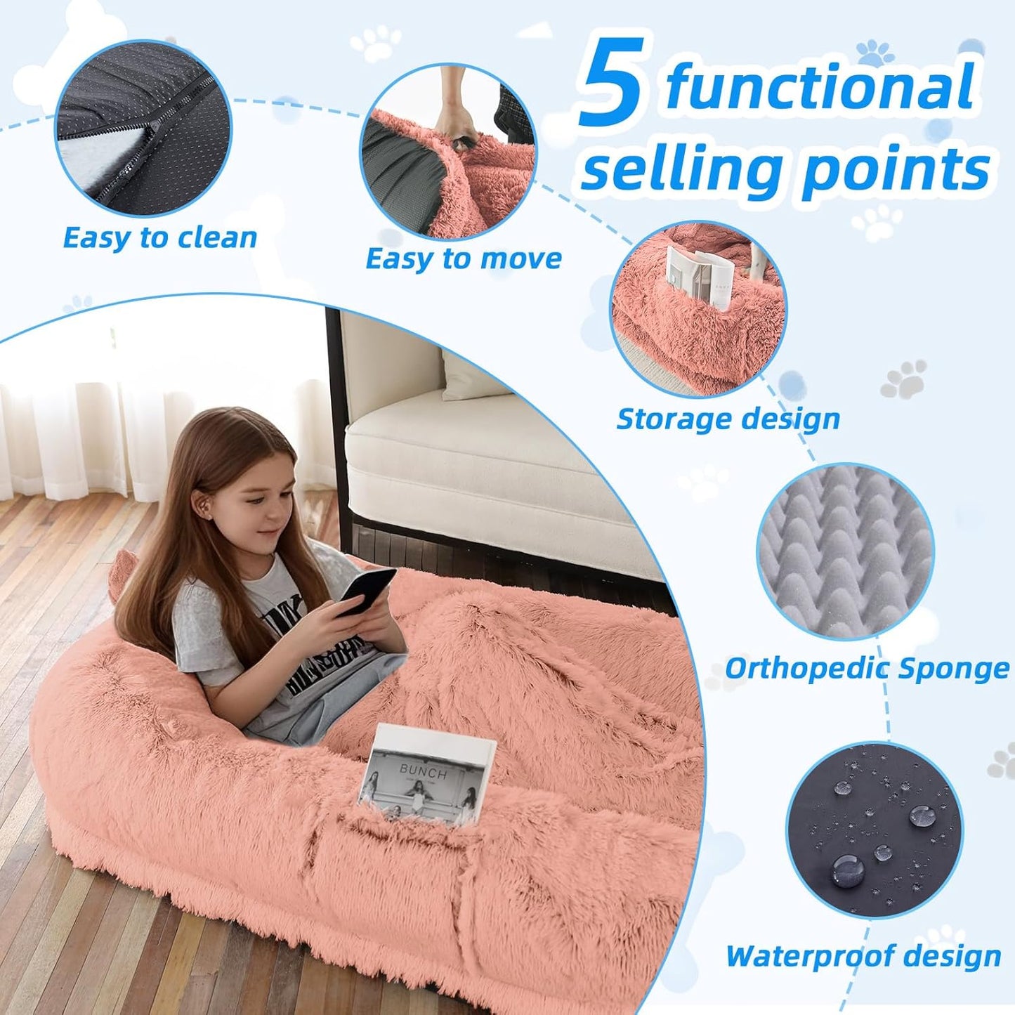 Human Dog Bed for Adults & Pets, 63"x32"x10" Faux Fur Nap Bed with Pillow, Blanket & Strap, Orthopedic Washable Lounger for Sleeping, Relaxing, Cuddling – Pink