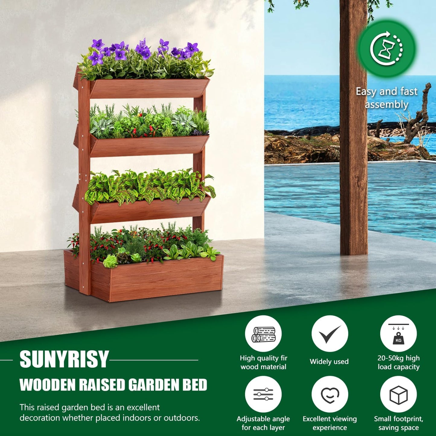 SUNYRISY 4 Tiers Vertical Wooden Raised Garden Bed Outdoor, Freestanding Garden Planter Box Stand for Planting Herbs Flowers Vegetables Outdoor Gardening