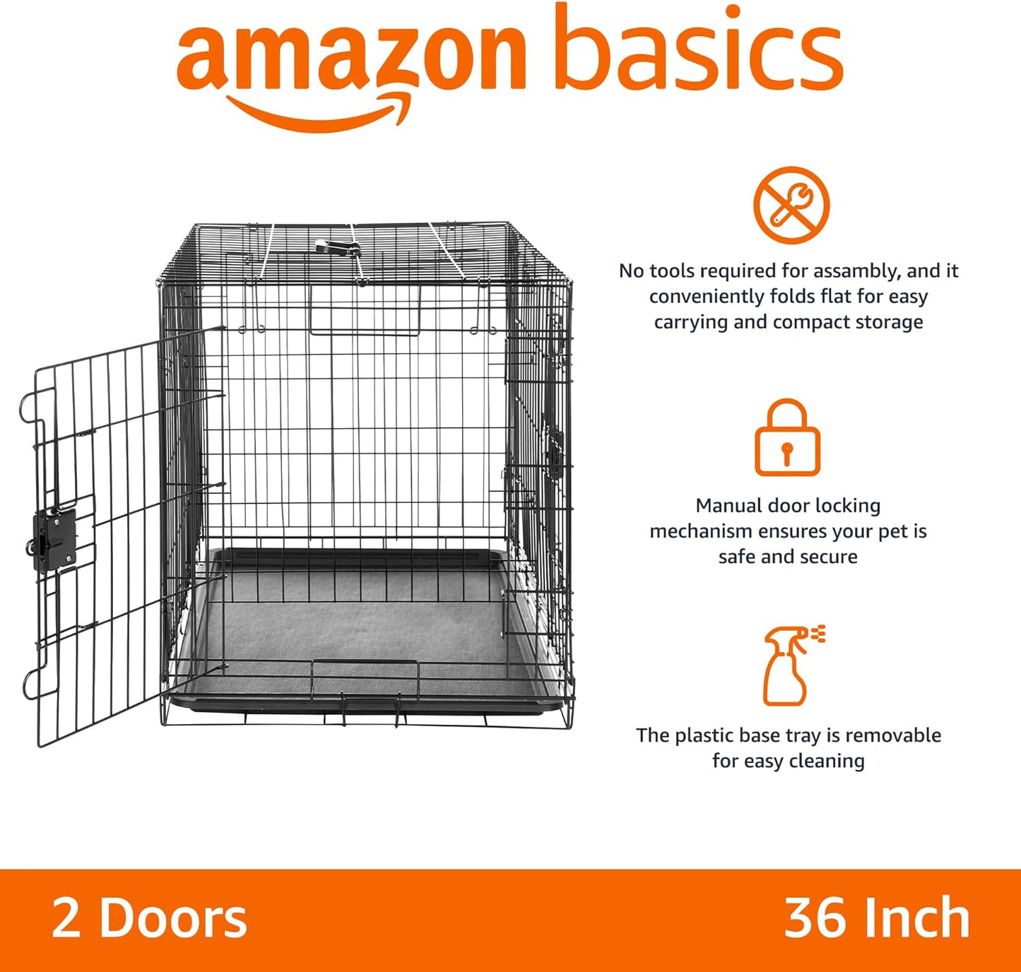 Amazon Basics Durable, Foldable Metal Wire Dog Crate with Tray, Double Door, 36 x 23 x 25 in, Black