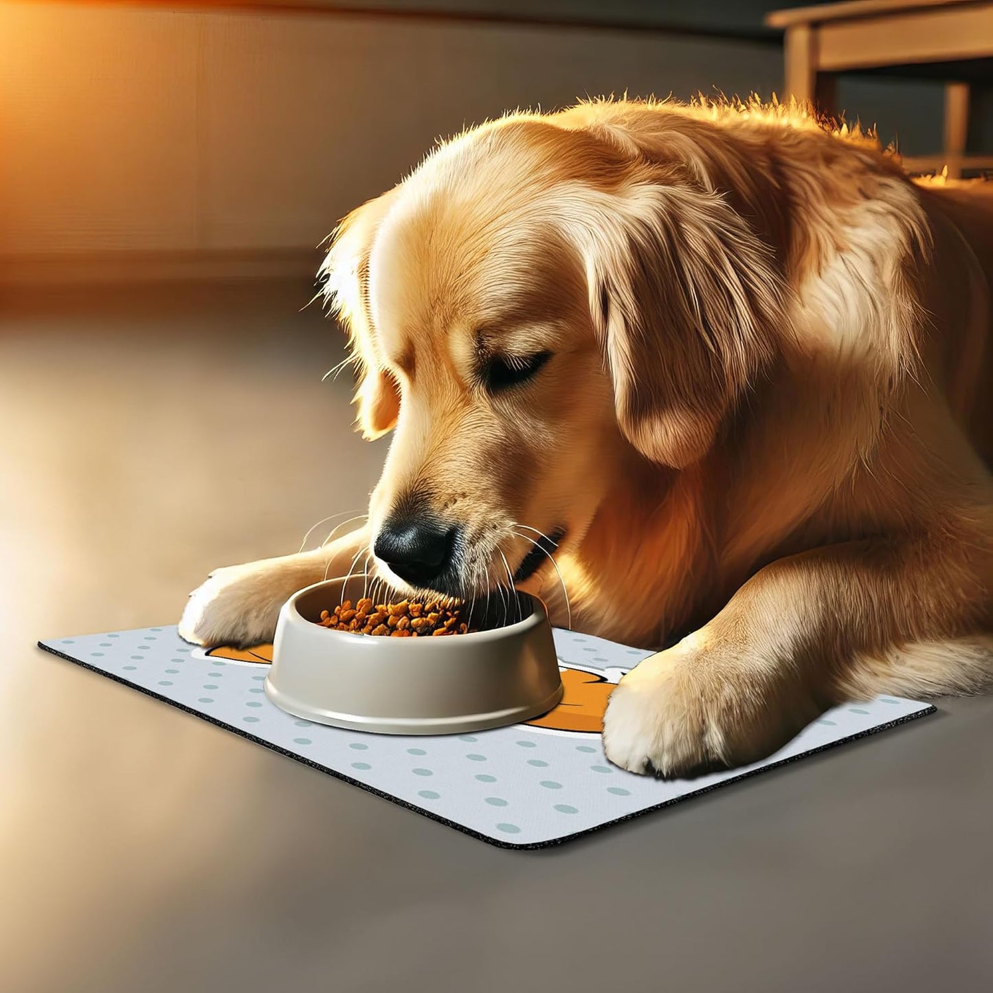 Lunarable Cat Pet Mat for Food and Water, Sleeping Kitten on Polka Dots Background Theme Graphic, Non-Slip Rubber Mat for Dogs and Cats, 18" X 12", Marigold Orange