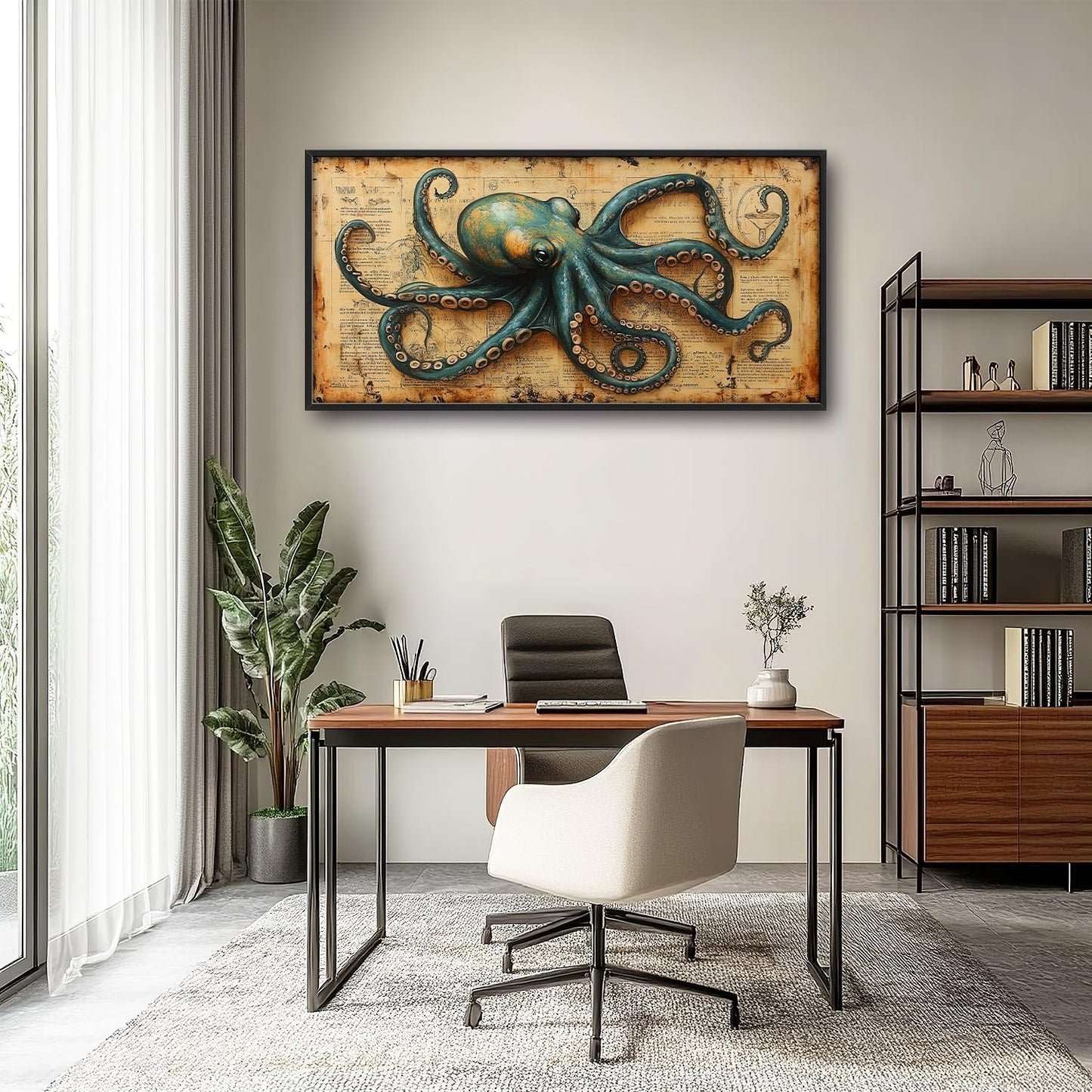 Large Octopus Nautical Wall Art for Living Room, Vintage Ocean Canvas Oversized Wall Decor, Rustic Sea Animal Framed Pictures Painting Print Artwork for Bedroom Office 60"L x 30"W