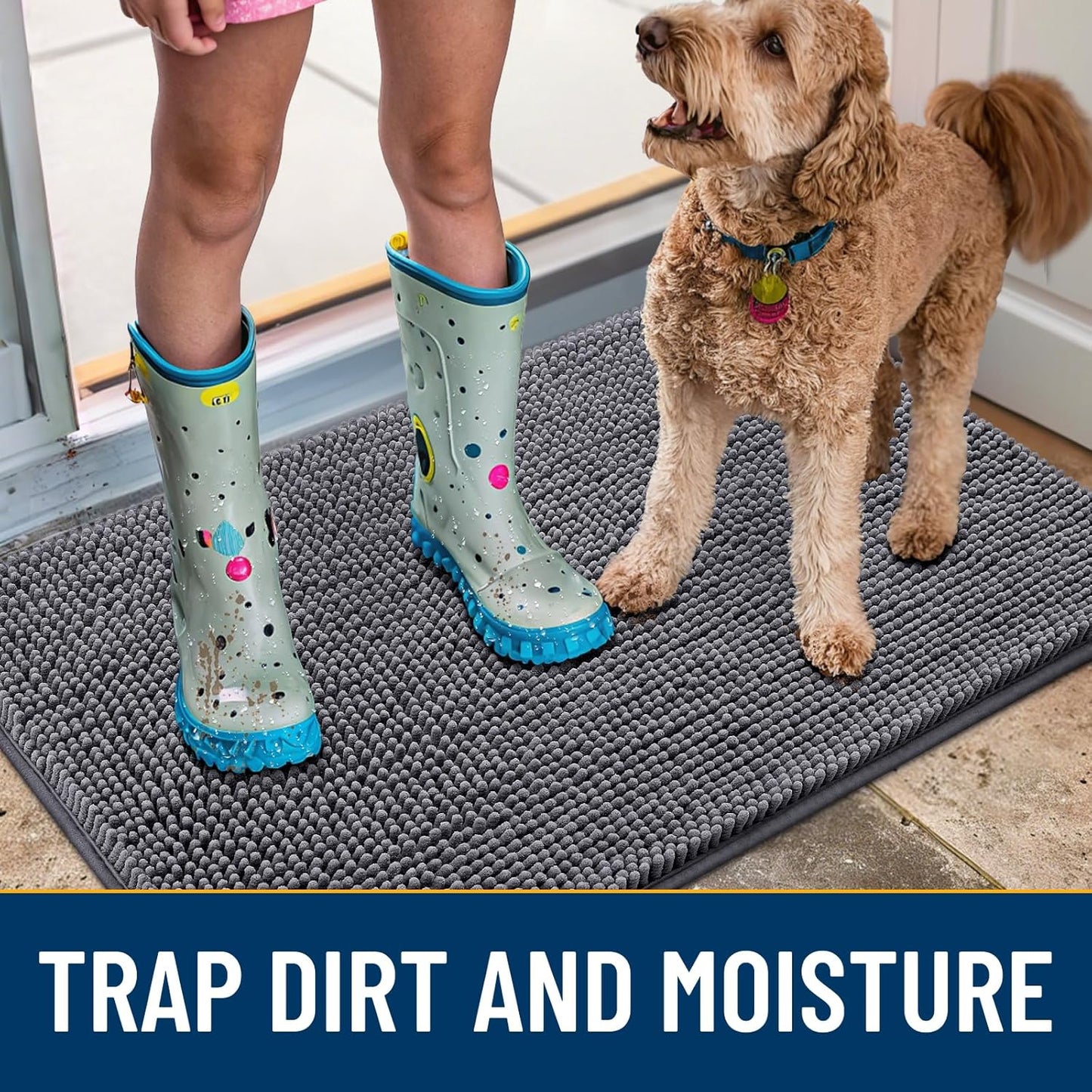 Smiry Dog Door Mat for Muddy Paws 36x24, Absorbs Moisture and Dirt Doormat, Non-Slip Washable Quick Dry Chenille Front Door Mat Indoor Entrance, Entryway Carpet for Inside Floor, Dark Grey