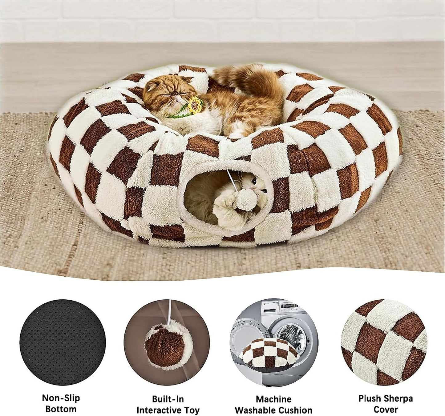 Cat Tunnel Bed with Washable Cushion for Indoor Cat, Donut Cave Tube Toys for Kitten Puppy Rabbit, Brown