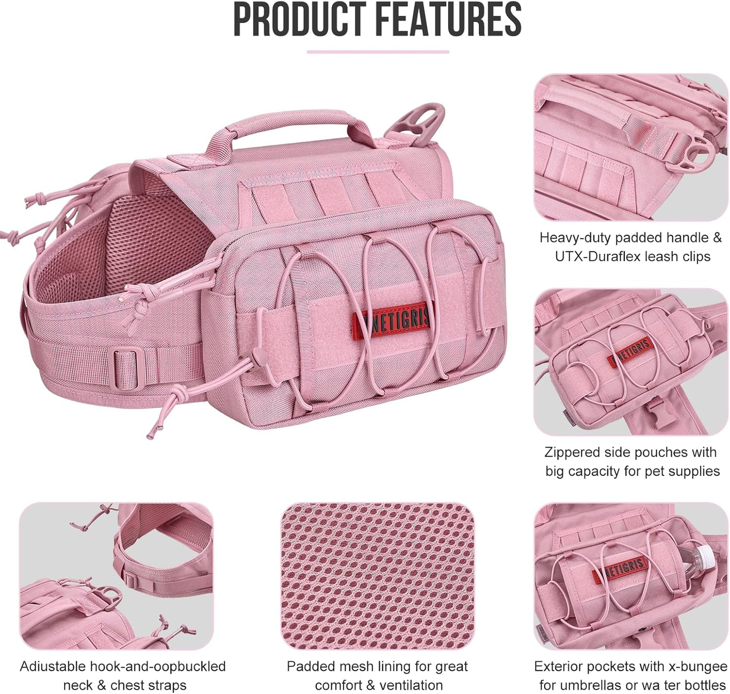 ONETIGRIS Dog Backpack for Medium & Large Dogs, Mammoth Nylon Dog Pack Tactical Backpack Harness with Side Pockets for Hiking Walking Training Running (Pink, Large)