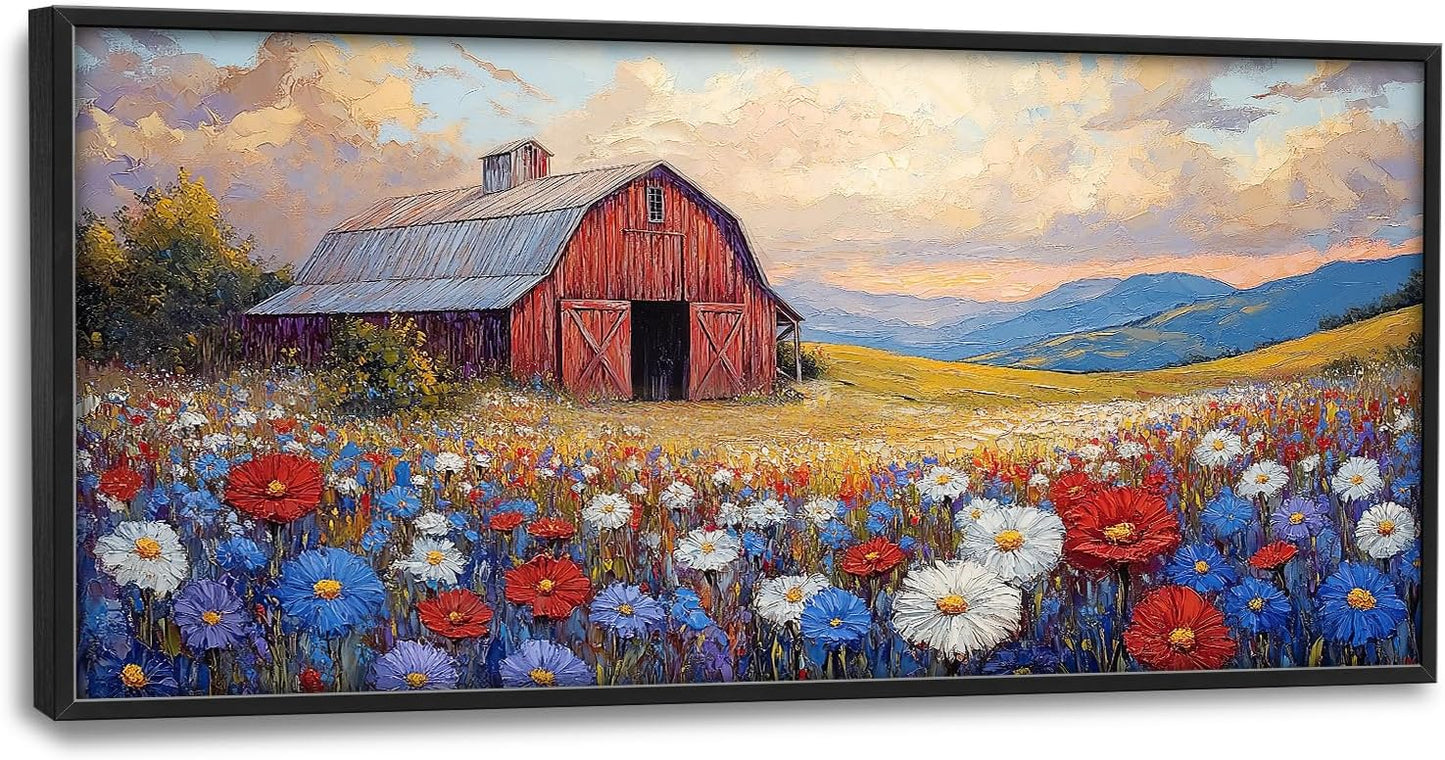 Large Farmhouse Barn Daisy Wall Art for Living Room, Floral Landscape Canvas Oversized Wall Decor, Flower Scenery Framed Pictures Painting Print Artwork for Bedroom Office 60"L x 30"W