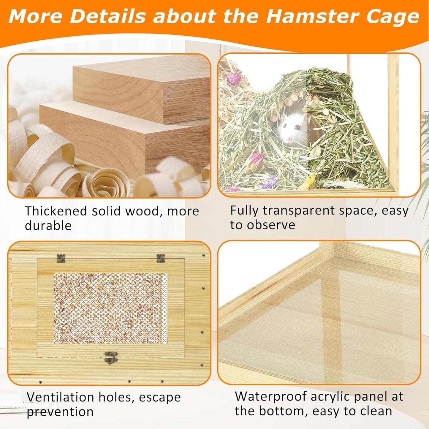 24" Hamster Cage, Lockable Sliding Door Gerbil Cage, Dwarf Hamster Cage with Metal Mesh Roof, Mice and Small Animal Habitat, Chewproof Syrian Hamster Enclosure, (Wooden, 24" L x 16" W x 16" H)