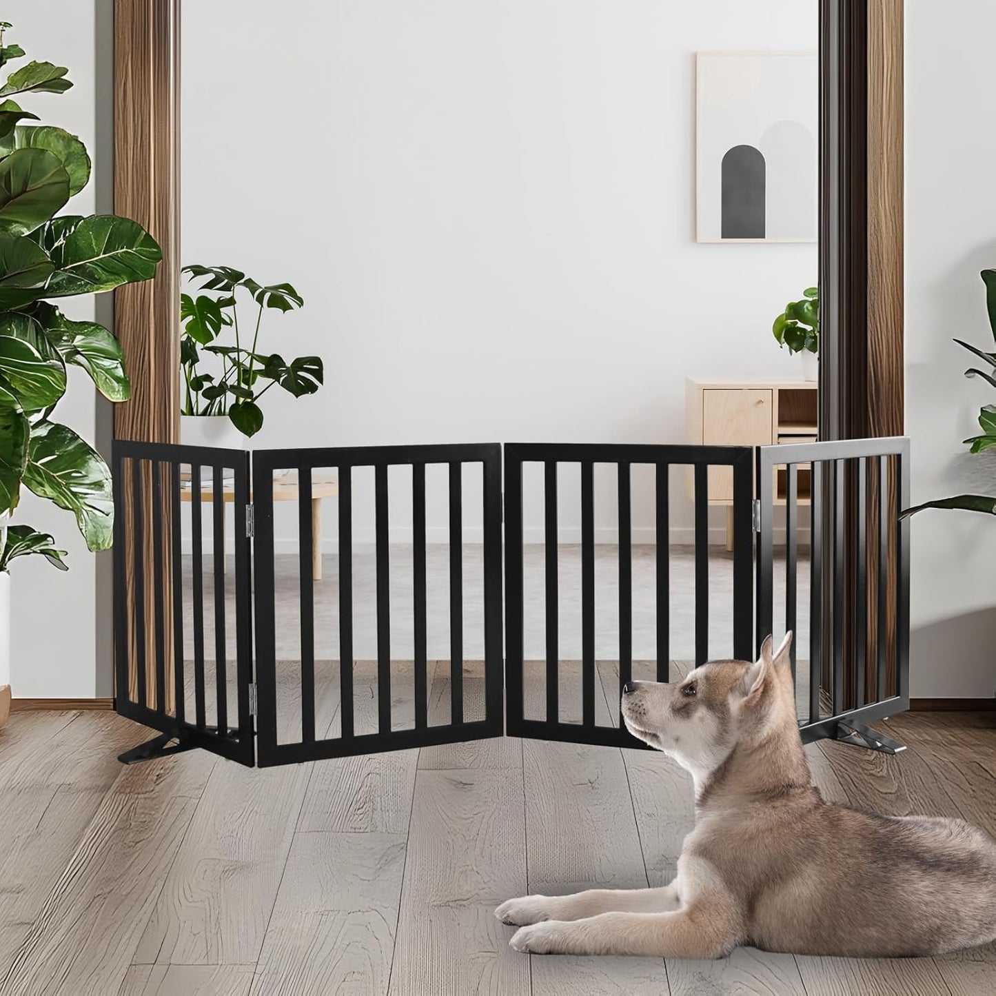 ZJSF Freestanding Indoor Dog Gate for House Foldable Wood Puppy Gate for Doorways Pet Gate for Stairs Extra Wide Pet Fence, Black, 24" Height 4 Panels