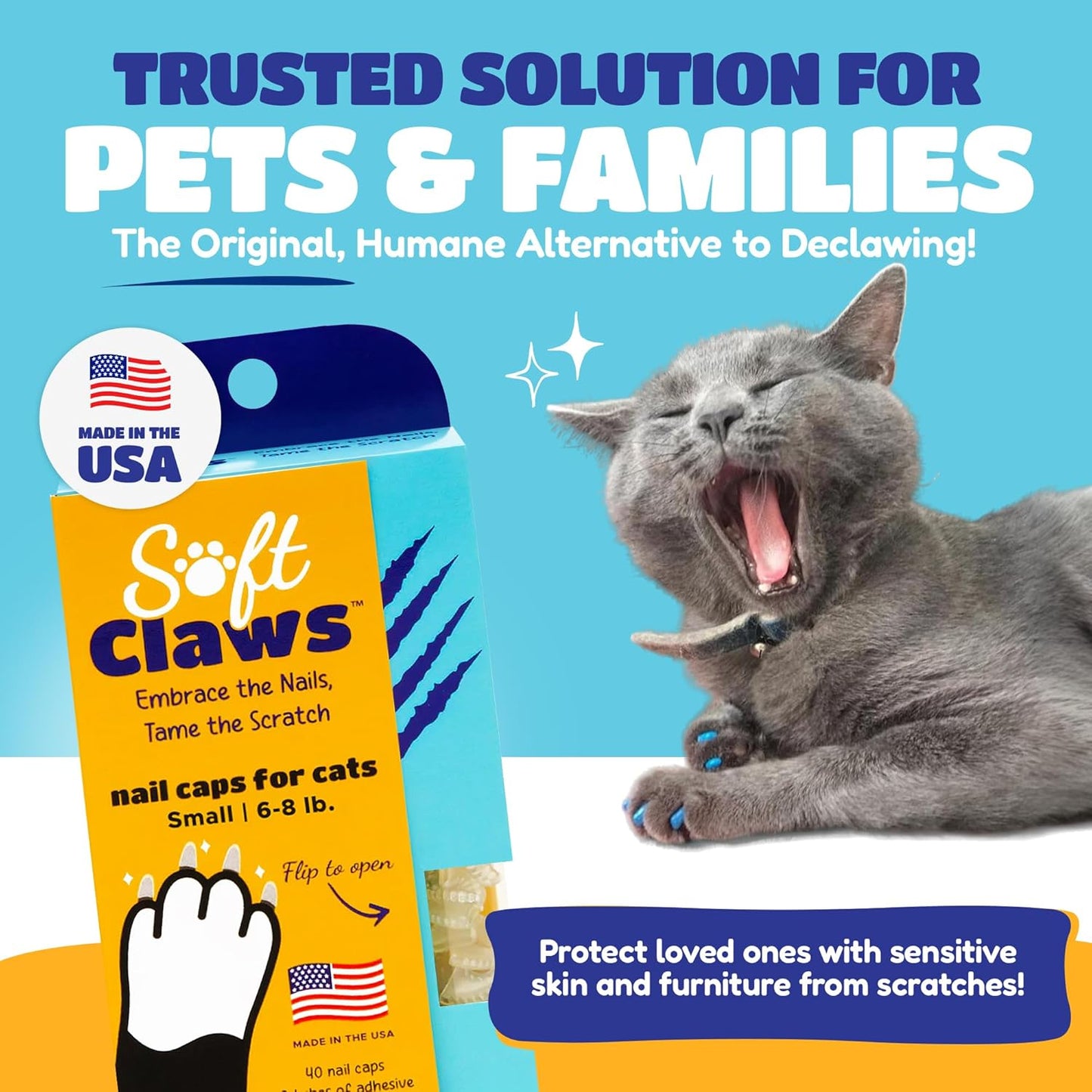 Soft Claws Cat Nail Caps for Small Cats – (40 Caps, Summer - Blue & Red) - Veterinarian-Developed | Protects Furniture & Skin - Easy to Apply, Long-Lasting Anti-Scratch Soft Cat Claw Covers