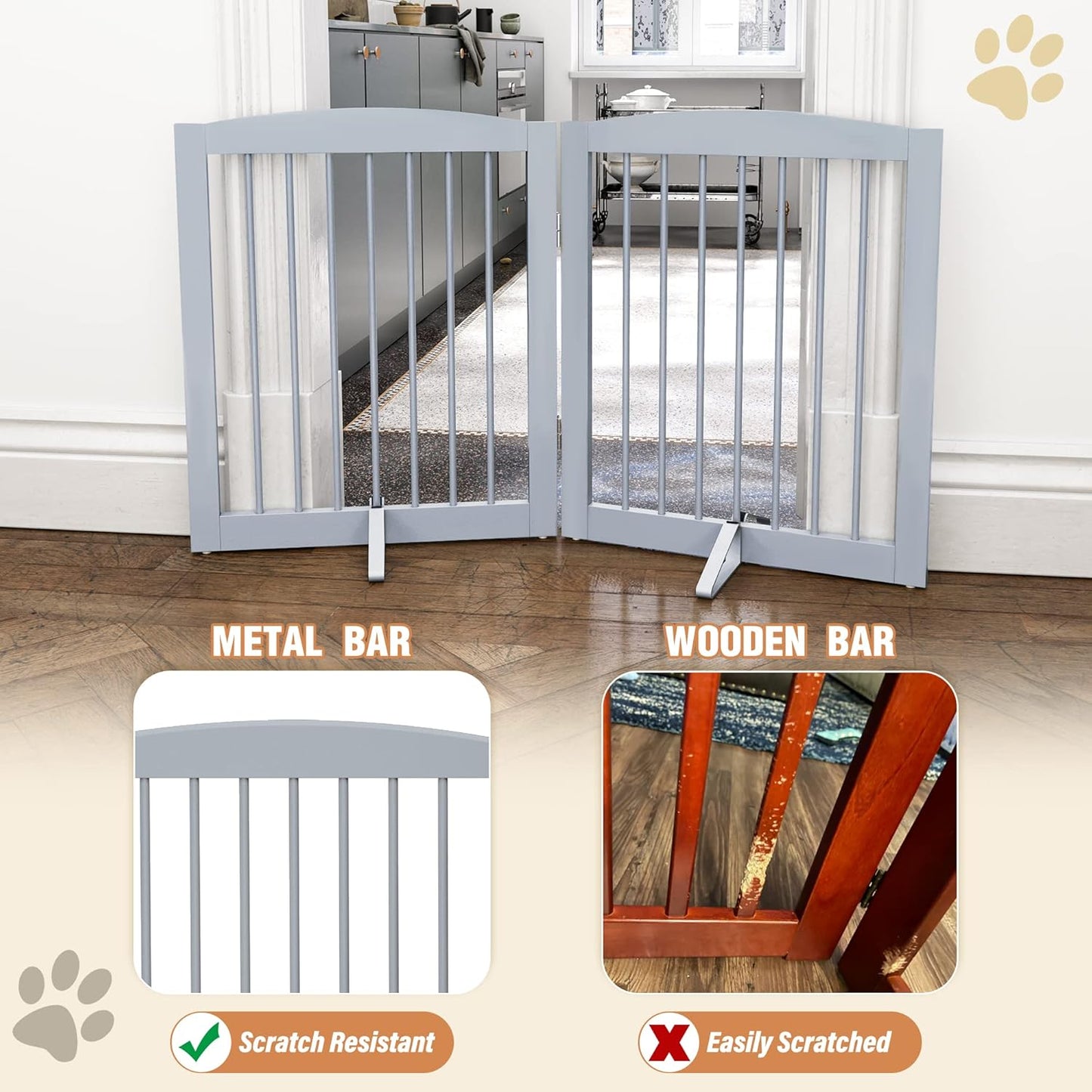 Freestanding Pet Gate for Dogs, Foldable Wooden Dog Gate for House, Indoor Pet Barrier for Stairs, Doorways, Support Feet Included, 24" Height 2 Panels, Grey