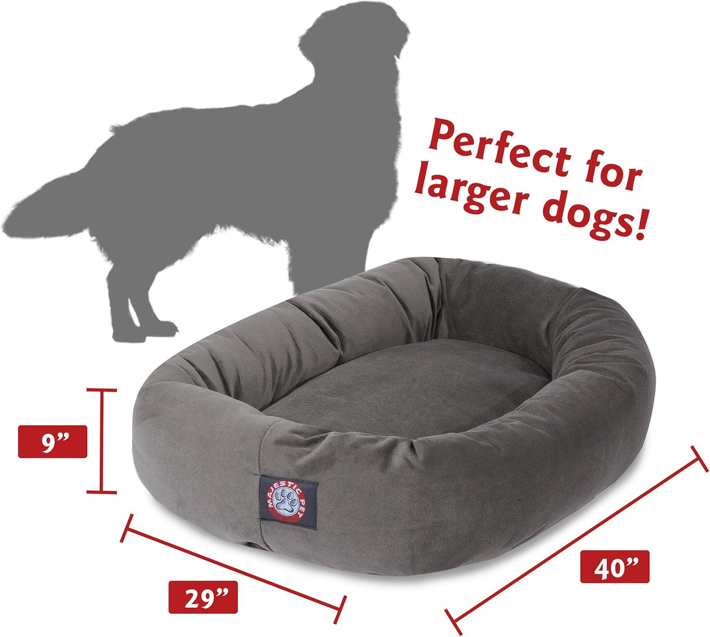 Majestic Pet 40 Inch Suede Calming Dog Bed Washable 40x29x9 (Inch) – Cozy Soft Round Donut Dog Bed with Spine Support for Dogs to Rest Their Head - Pet Bed Large – Gray