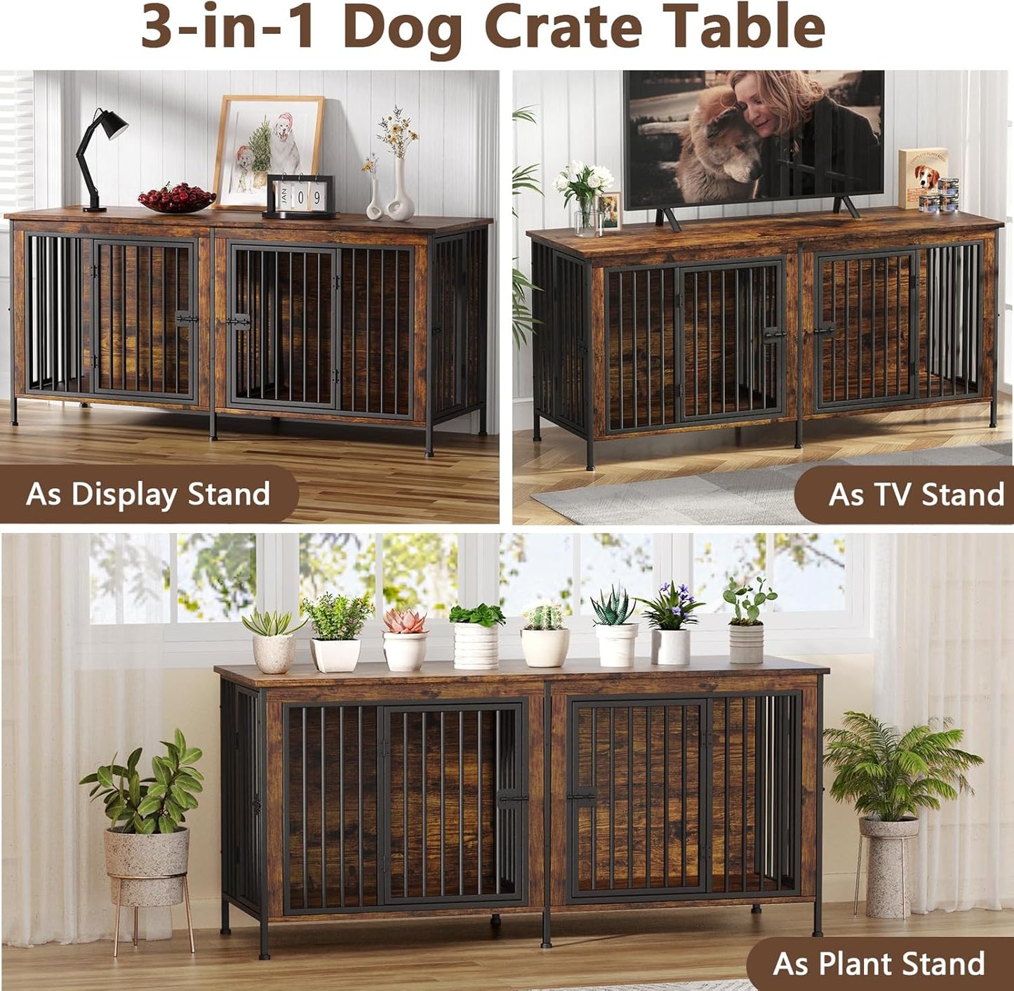 EasyCom 78 Inch Dog Crate Furniture for 2 Dogs, Extra Large Double Dog Cage Large Breed, XXL Thick Wooden Dog Crate TV Stand, Sturdy Dog Kennel with Divider