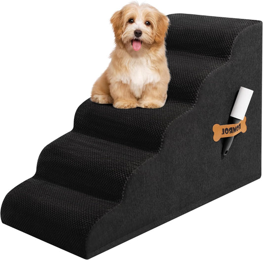 Dog Stairs, Romrol Dog Steps Ramp for High Bed and Couch, Dogs Ramp with Durable Non-Slip Waterproof Fabric Cover, Pet Stairs for Small Dogs and Cats or Pets Joints, 4-TiersBlack