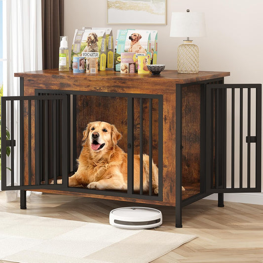 EasyCom 39.96" XL Wooden Large Dog Crate Furniture for Medium and Large Breed, Chew-Resistant Dog Kennel Furniture Indoor with 2 Doors and 3.94" Raised Feet, as TV Stand, End Table, Crate Table