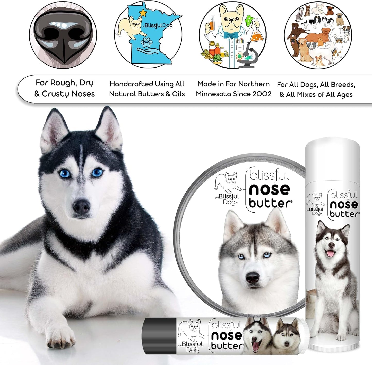 The Blissful Dog Husky Nose Butter for Dry, Cracked Skin, Lick-Safe Dog Nose Balm with Moisturizing Shea Butter, Almond, Olive, and Essential Oils, Pet Supplies, Uncented, 0.15 oz.