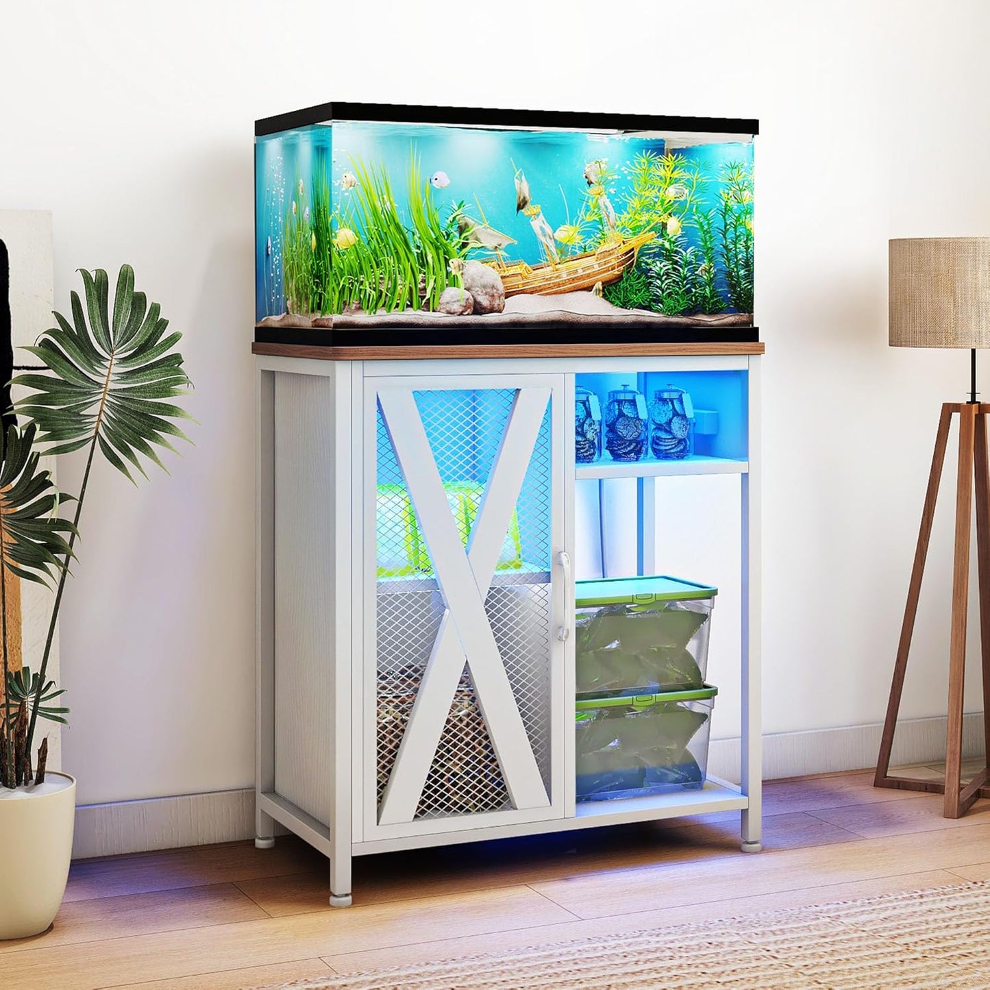 DWVO 20-29 Gallon Aquarium Stand with Power Outlets & LED Light, Cabinet for Fish Tank Accessories Storage - Metal Stand Suitable for Turtle Tank, Reptile Terrarium, 350LBS Capacity, White