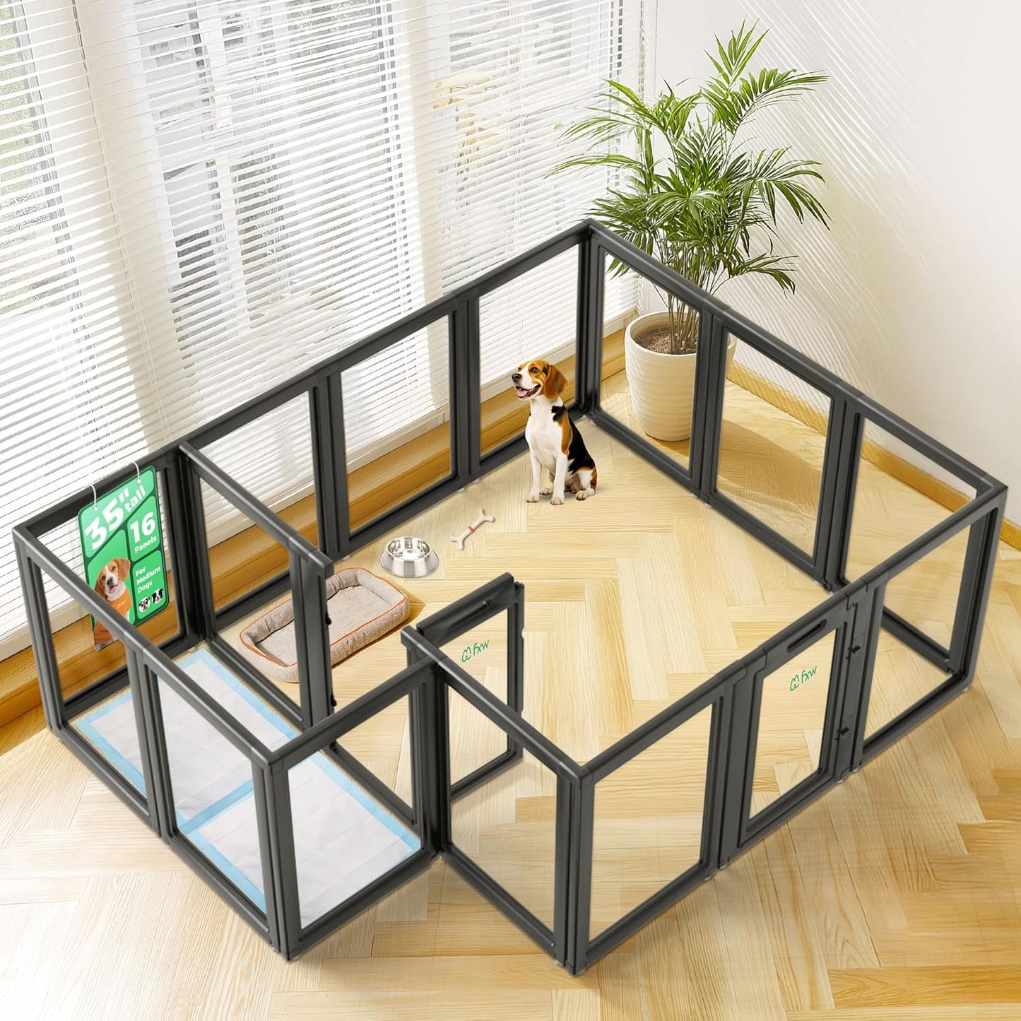 FXW AuraSpace Acrylic Indoor Unleashed Dog Playpen for Medium Dogs, 35 Inch, 16 Panels, Black