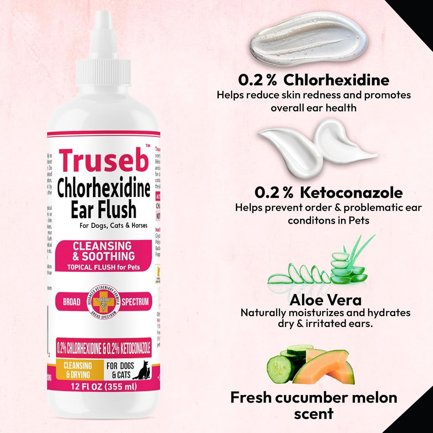 Truseb Advanced Topical Dog Ear Wash with Ketoconazole & Chlorhexidine Ear Flush Dog, Cats and Horses, with Aloe - 12 oz Made in U.S.A (Ketoconazole & Chlorhexidine Ear Flush, 12 oz)