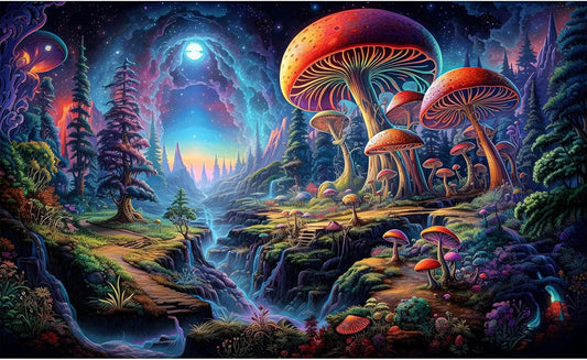 Forest Aquarium Background Fantastic Cartoon Forest Landscape with Mushrooms and Flowers Terrarium Background Fantasy Pine Tree Mysterious Mushroom Theme Fish Tank Backdrop Poster Decor 48x24in