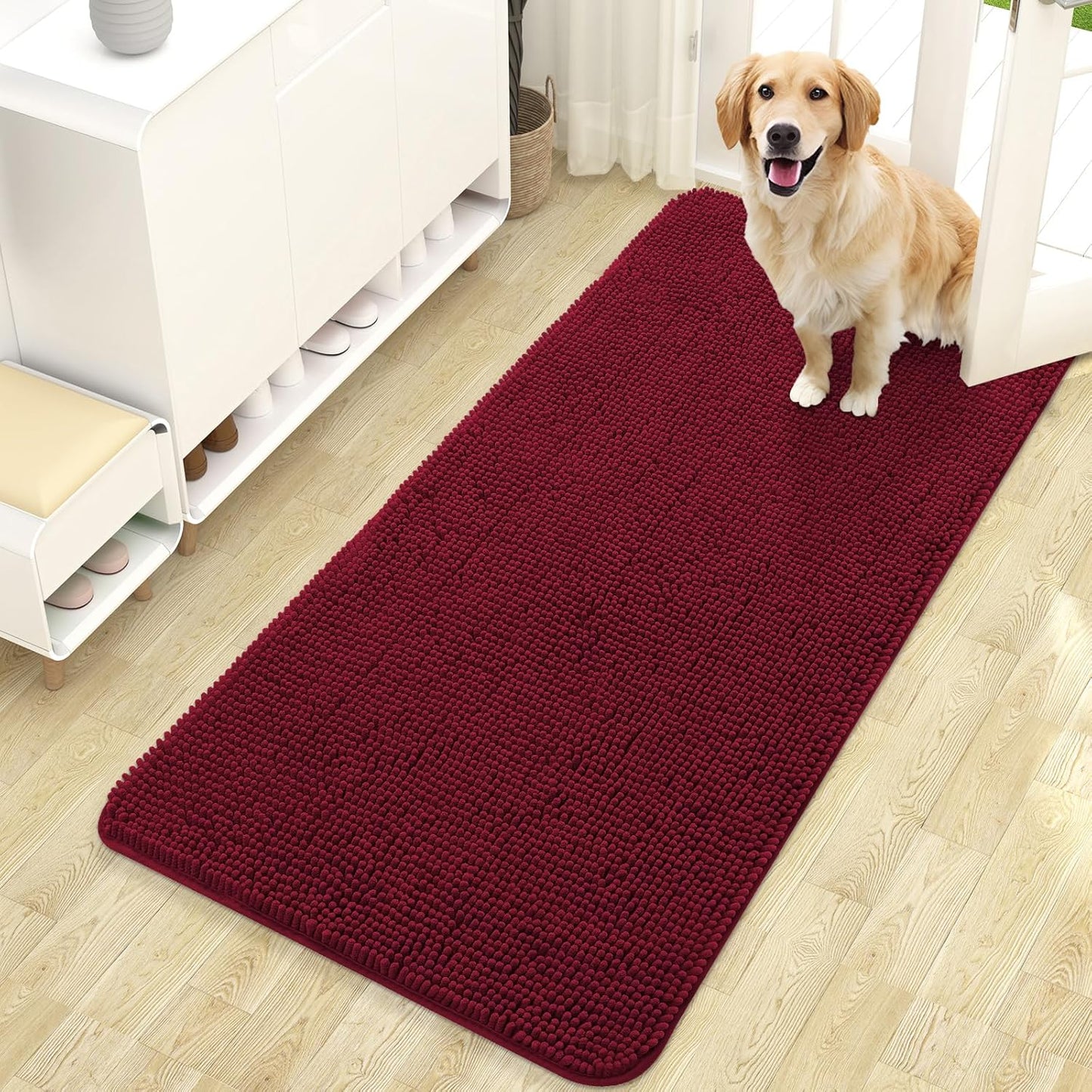 OLANLY Dog Door Mat for Muddy Paws 47x24, Absorbs Moisture and Dirt, Absorbent Non-Slip Washable Doormat, Quick Dry Chenille Mud Mat for Dogs, Entry Indoor Entryway Carpet for Inside Floor, Burgundy