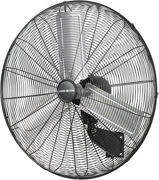 KEN BROWN 30 Inch Industrial Oscillating Wall Mount Fan - 7497 CFM High Velocity, Heavy Duty Metal Construction, 2 Speed Settings, Black