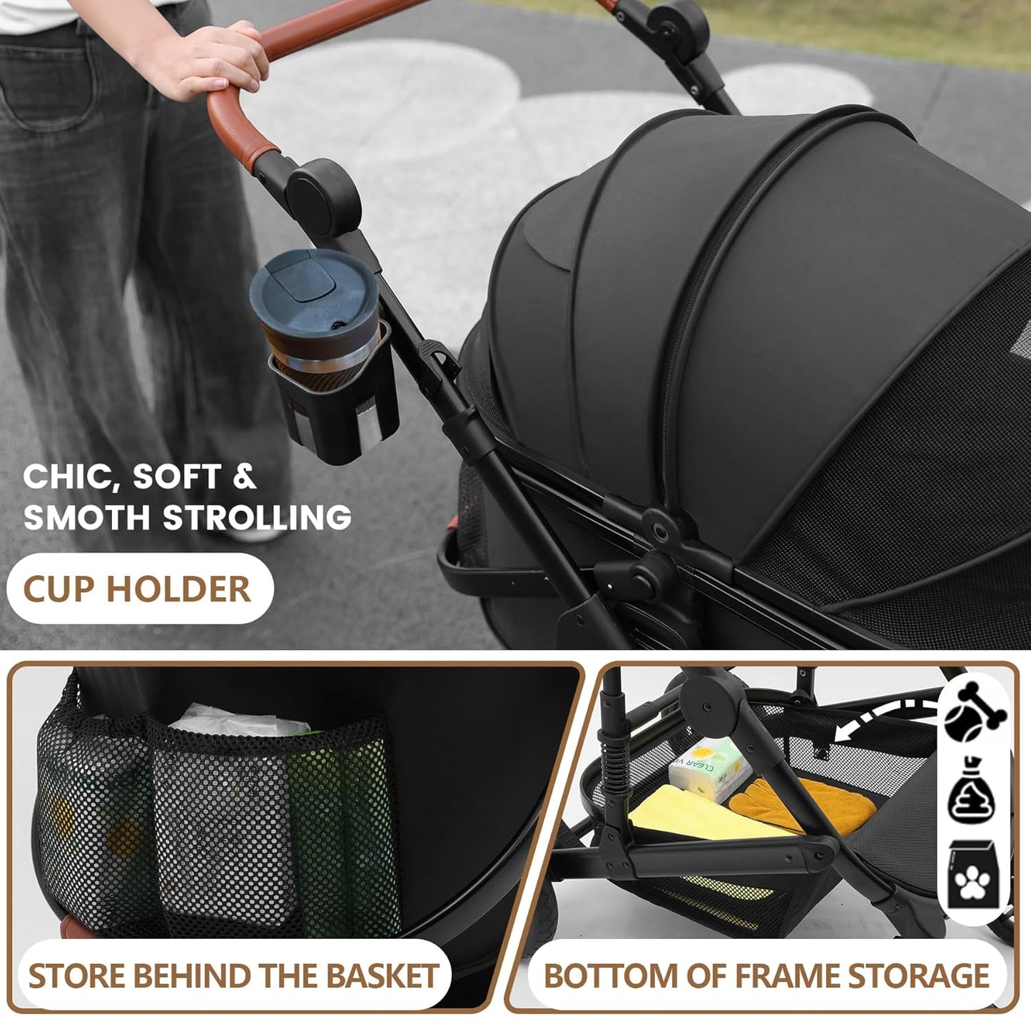 Pet Stroller with 4 Wheels, Foldable Pet Travel Carrier for Small/Medium Dogs Cats up to 50lbs, Detachble Portable Pet Bag, Storage Basket, Car Seat 3 in 1 Multifunctional (Black)