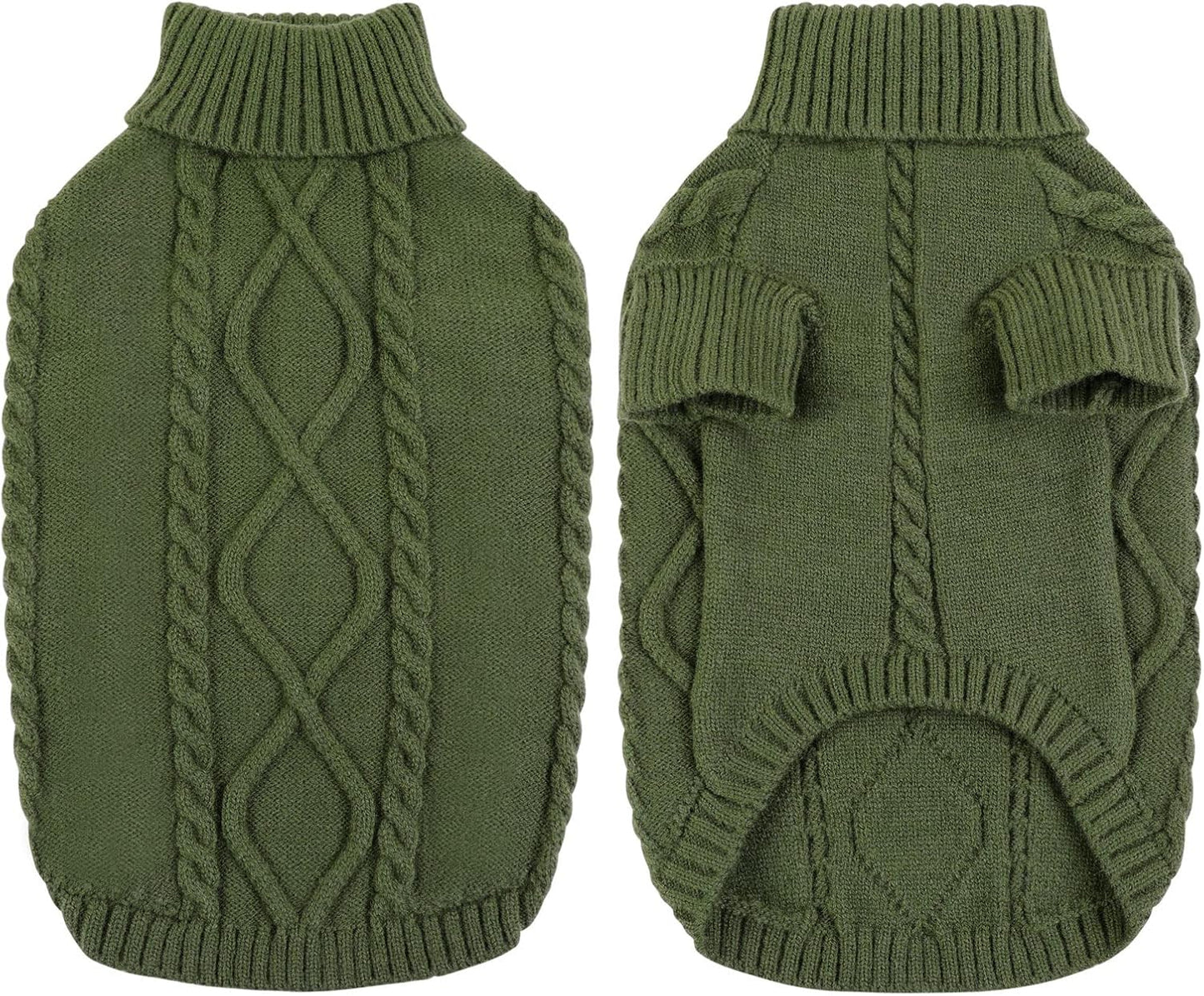 Queenmore Small Dog Pullover Sweater, Cold Weather Cable Knitwear, Classic Turtleneck Thick Warm Clothes for Chihuahua, Bulldog, Dachshund, Pug (Army Green, X-Small)